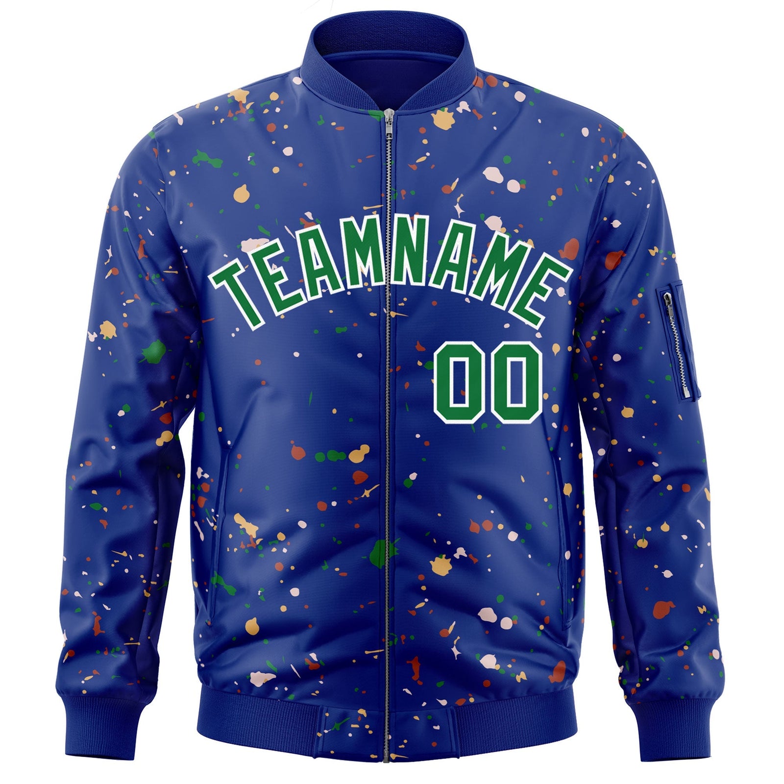 Custom Royal Kelly Green-White Varsity Full-Zip Splash Graffiti Pattern Letterman Jacket