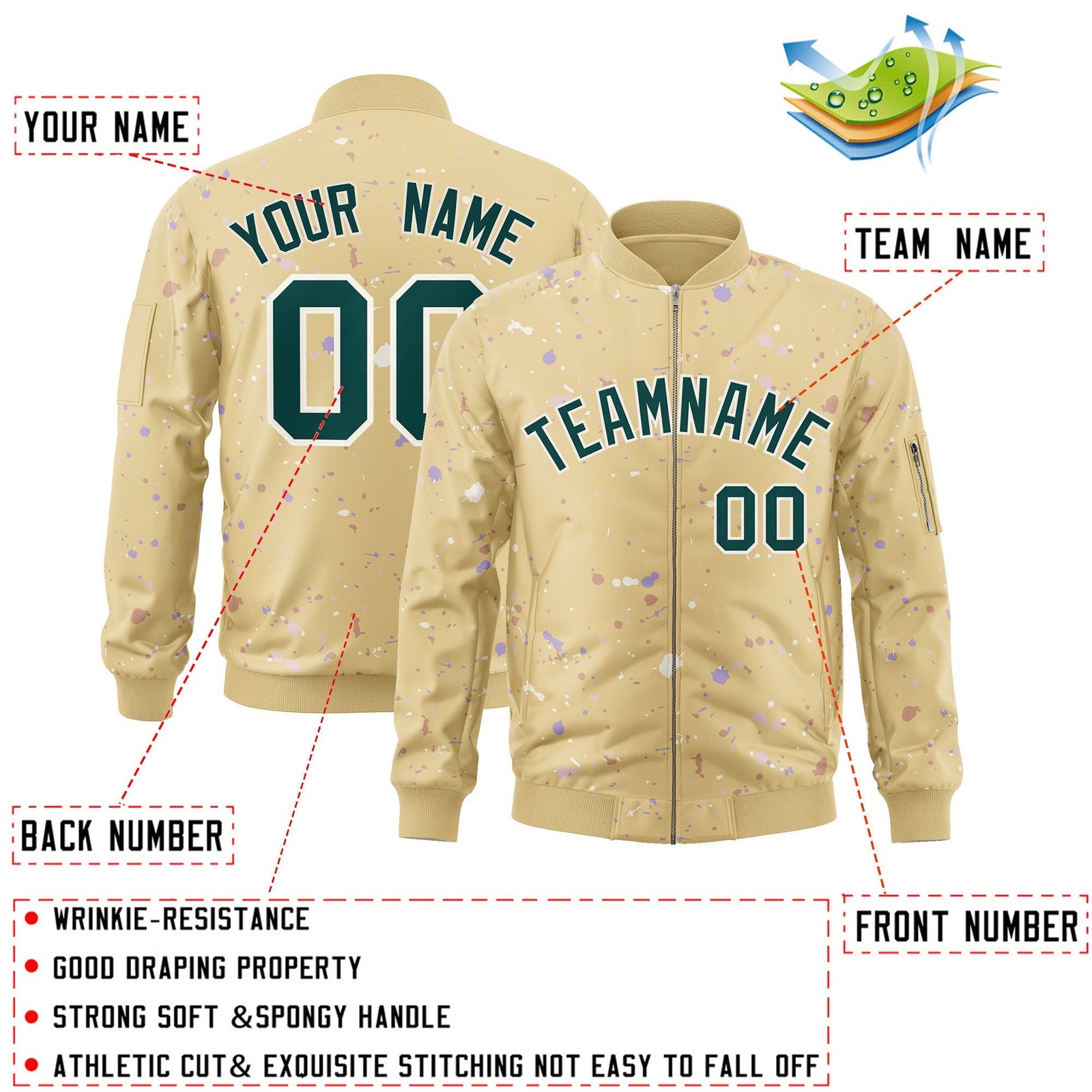 Custom Khaki Midnight Green-White Varsity Full-Zip Splash Graffiti Pattern Letterman Jacket