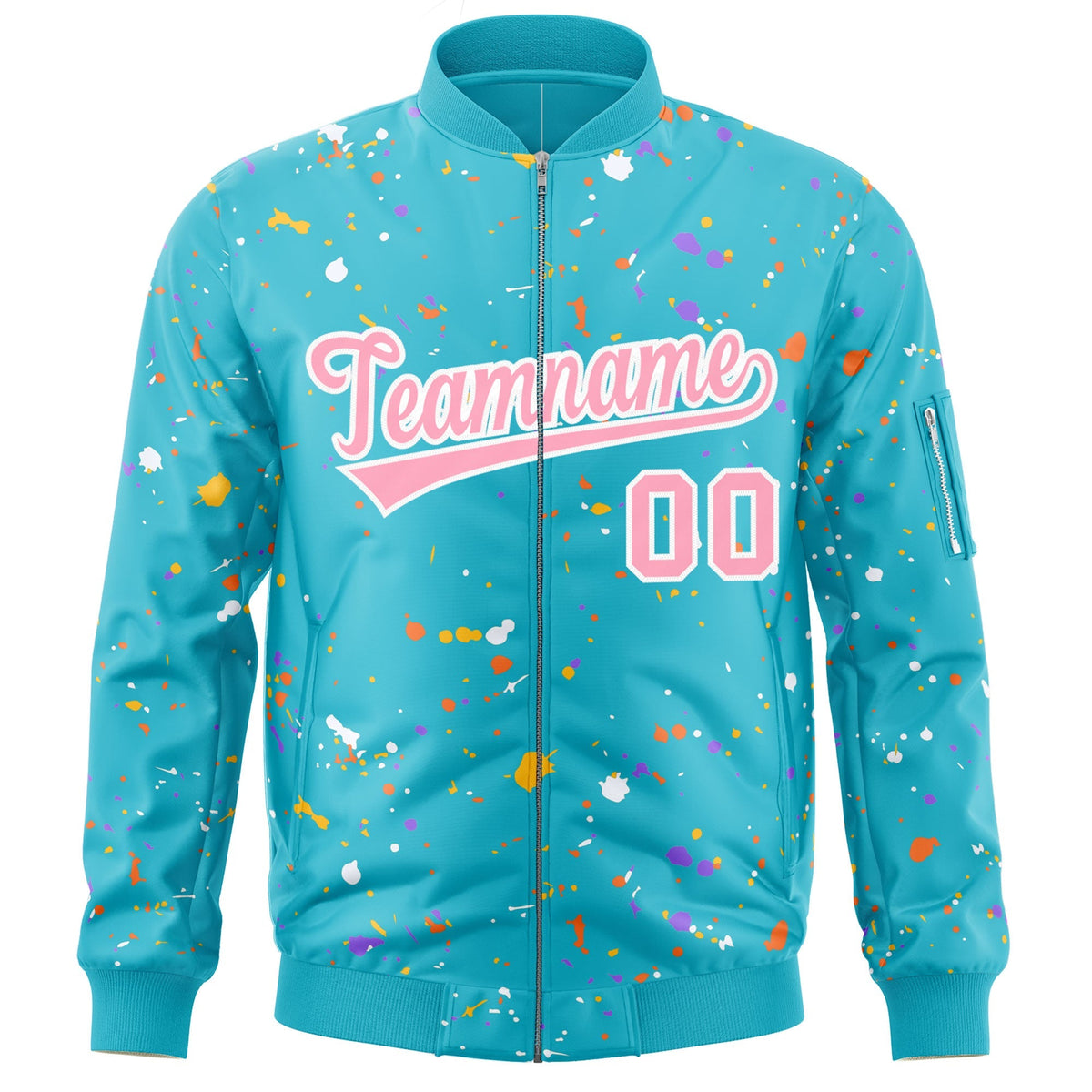 Custom Light Blue Pink-White Varsity Full-Zip Splash Graffiti Pattern Letterman Jacket