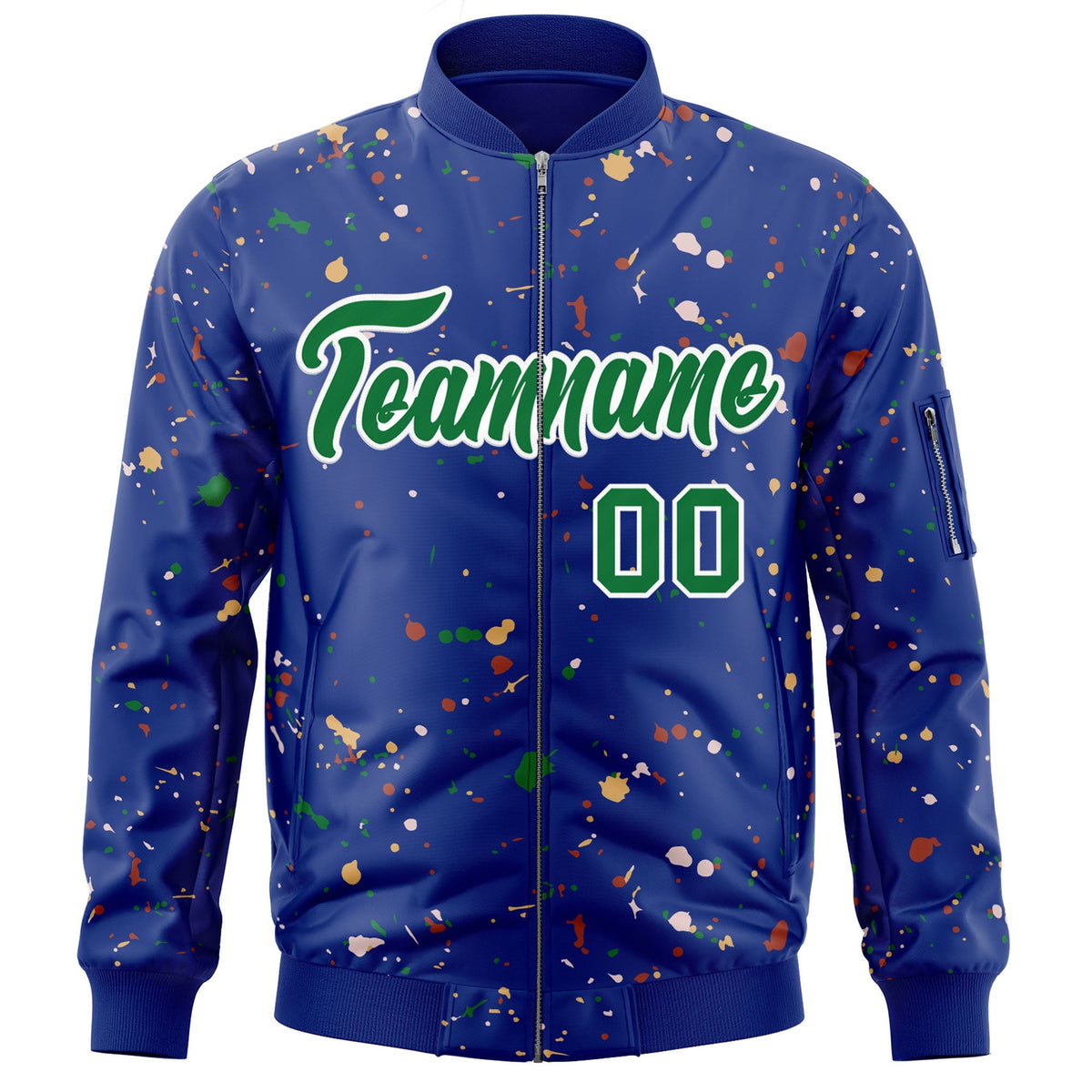 Custom Royal Kelly Green-White Varsity Full-Zip Splash Graffiti Pattern Letterman Jacket