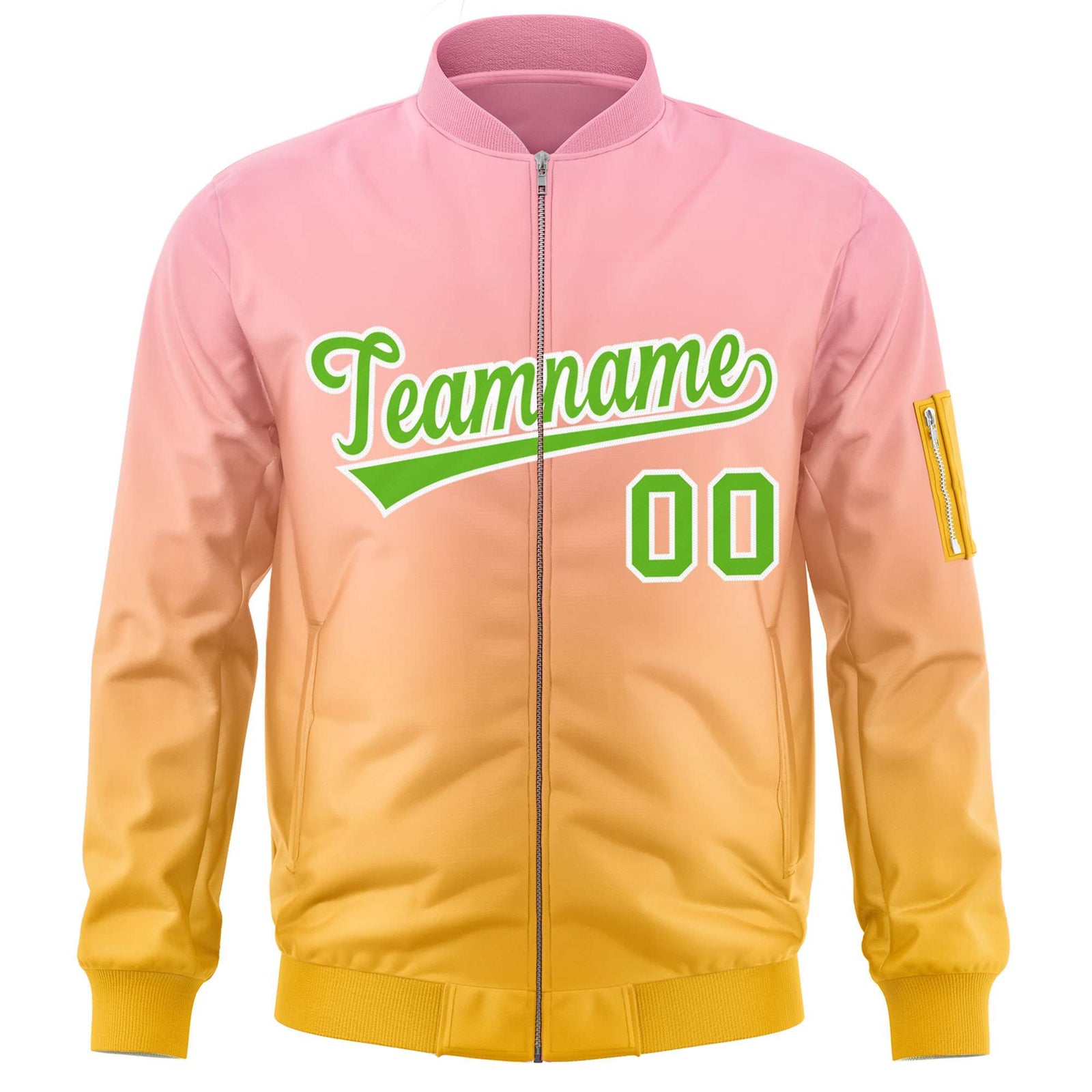 Custom Pink Gold-Green Varsity Full-Zip Gradient Fashion Letterman Bomber Jacket
