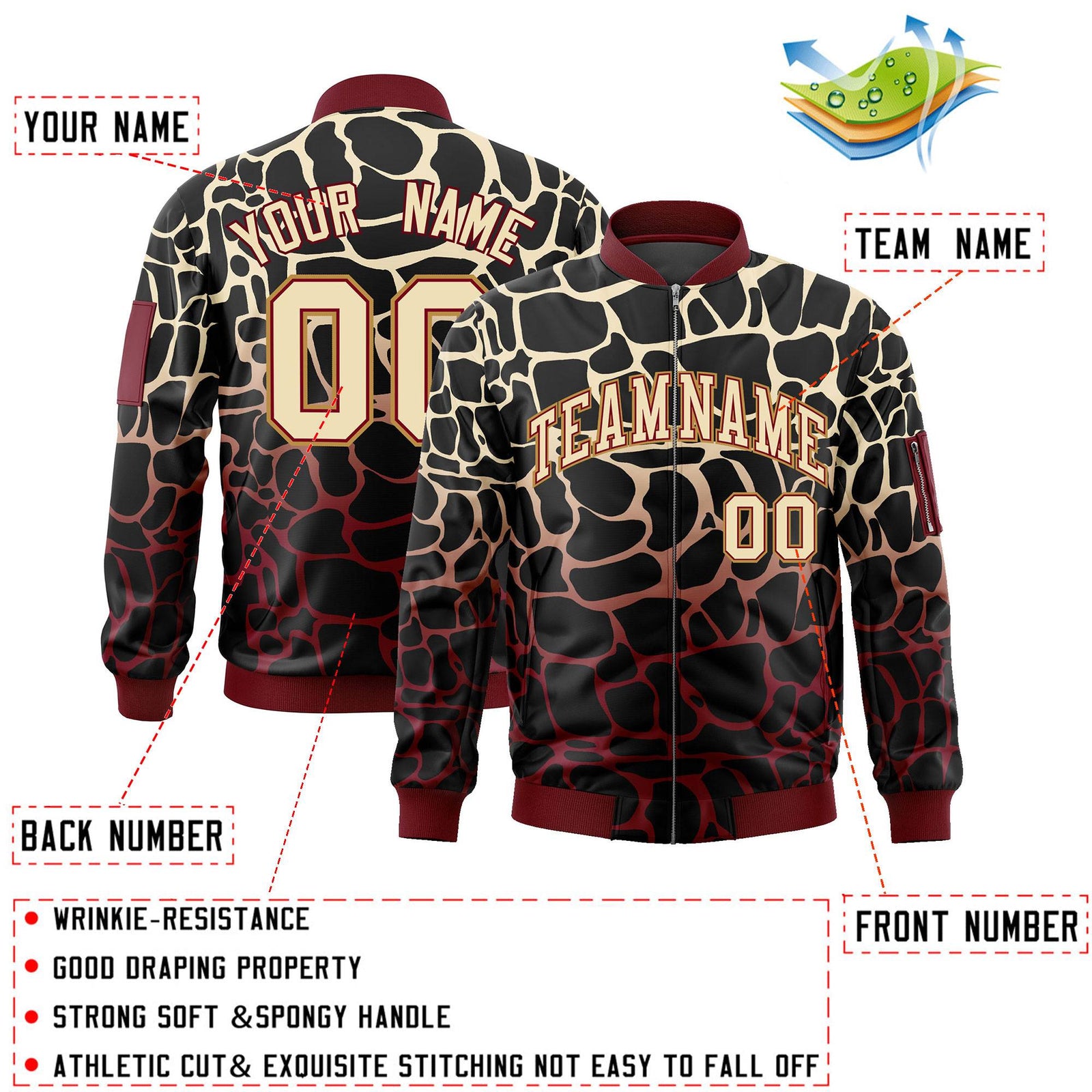 Custom Black Khaki-Crimson Varsity Full-Zip Spotted Letterman Bomber Jacket