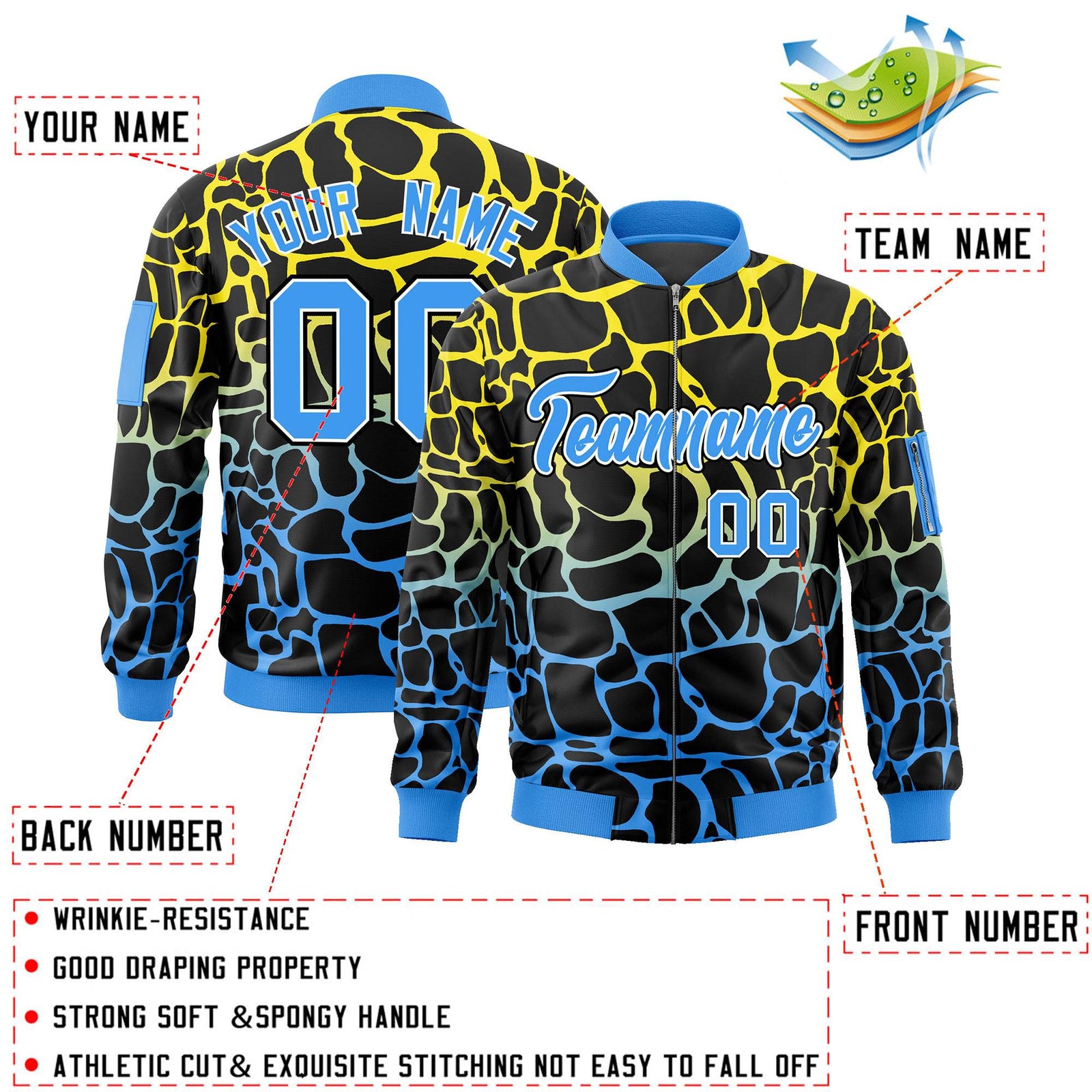 Custom Black Gold-Power Blue Varsity Full-Zip Spotted Letterman Bomber Jacket