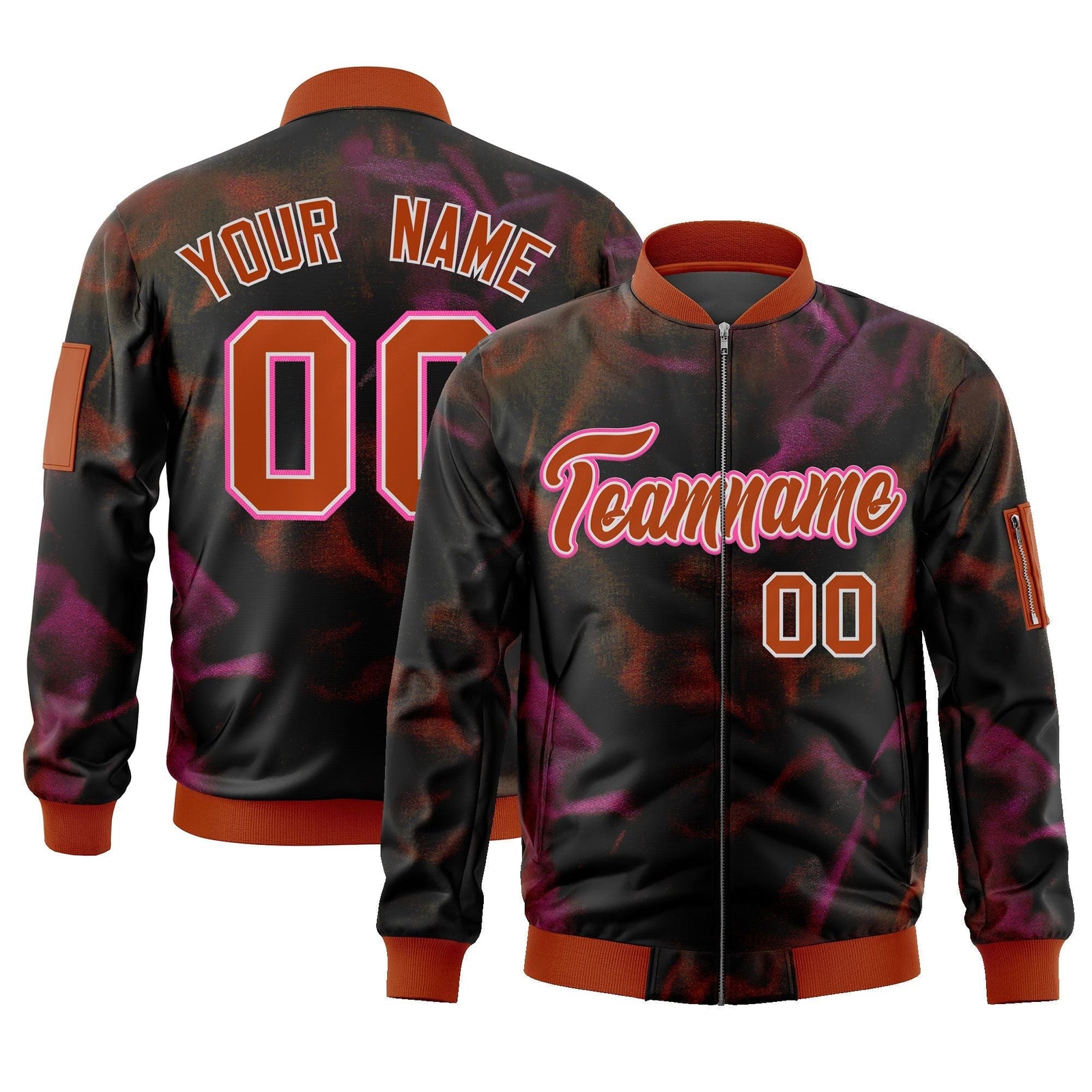 Custom Black Red-Pink Varsity Full-Zip Blur Spray Letterman Bomber Jacket