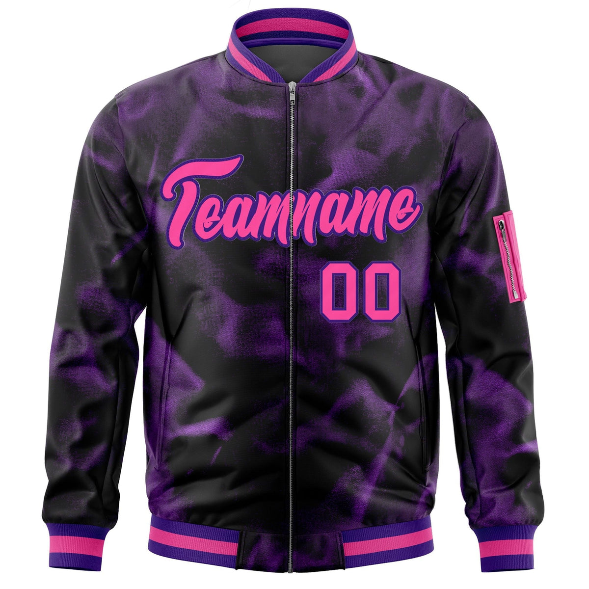 Custom Black Pink-Purple Varsity Full-Zip Blur Spray Letterman Bomber Jacket