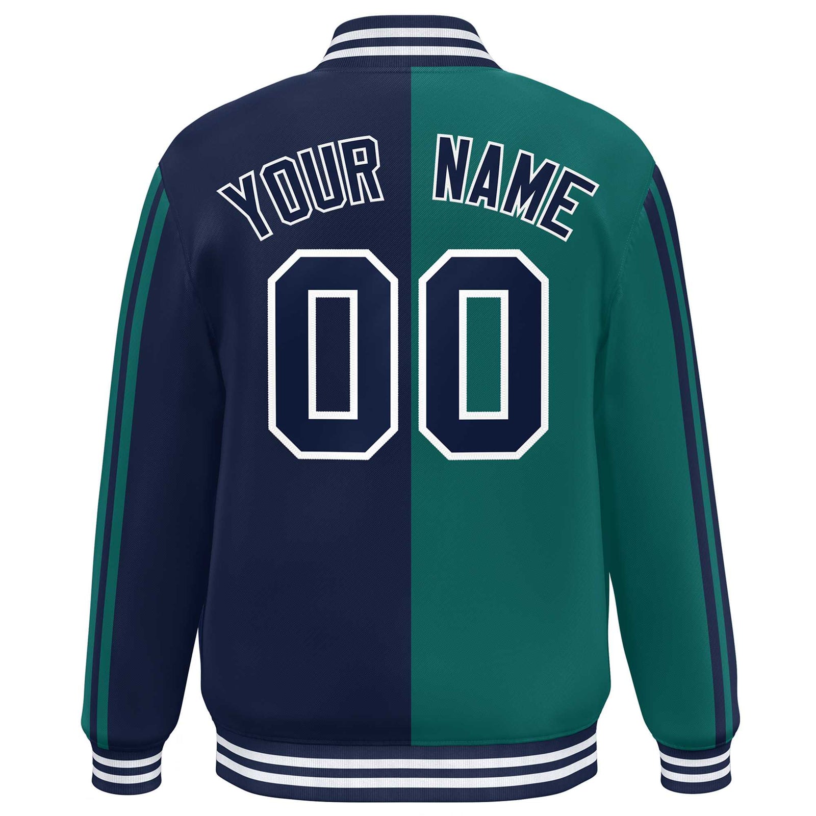 Custom Navy Aqua Two Tone Color Block Bomber Varsity Baseball Jacket