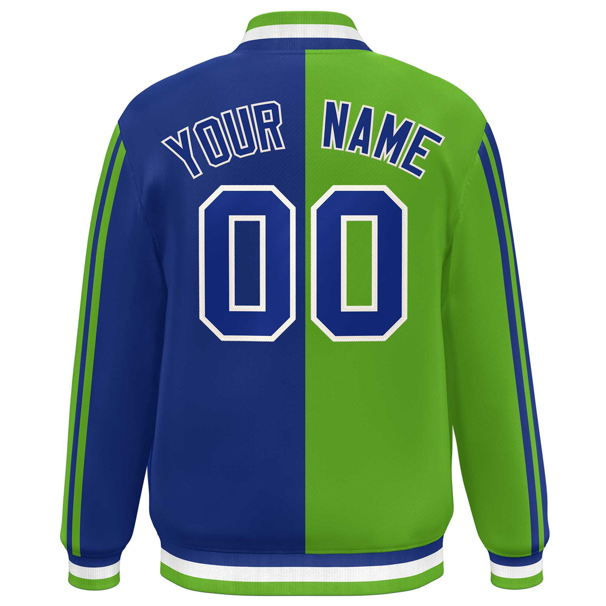 Custom Royal Kelly Green-White Two Tone Color Block Bomber Varsity Baseball Jacket