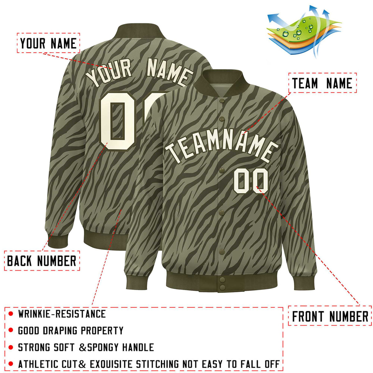 Custom Olive Cream Tiger Stripes Graffiti Pattern Bomber Varsity Jacket