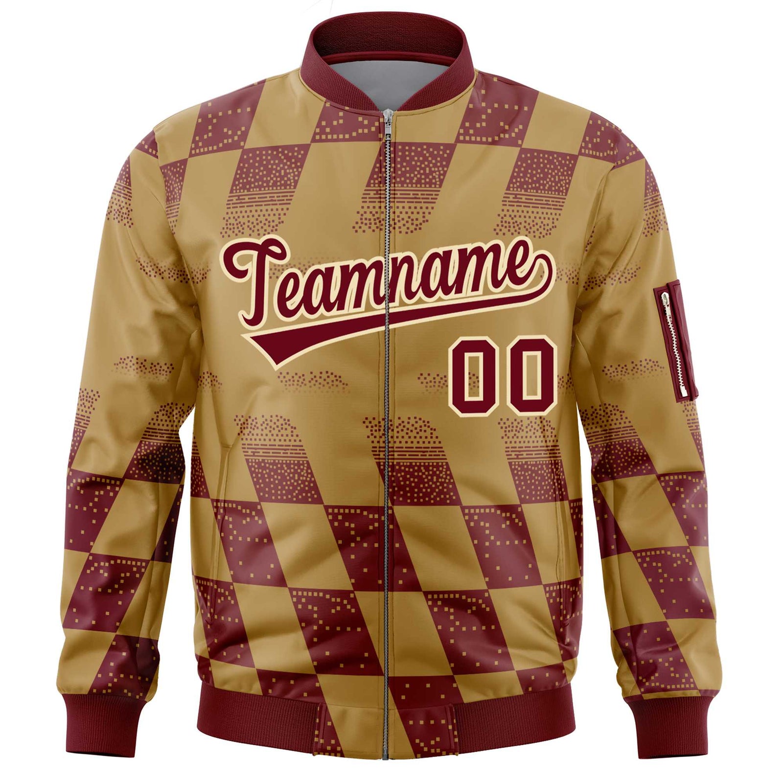 Custom Old Gold Crimson Grid Varsity Full-Zip Color Block Letterman Bomber Jacket