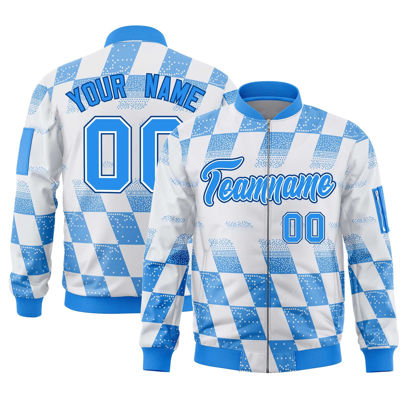 Custom White Powder Blue Grid Varsity Full-Zip Color Block Letterman Bomber Jacket