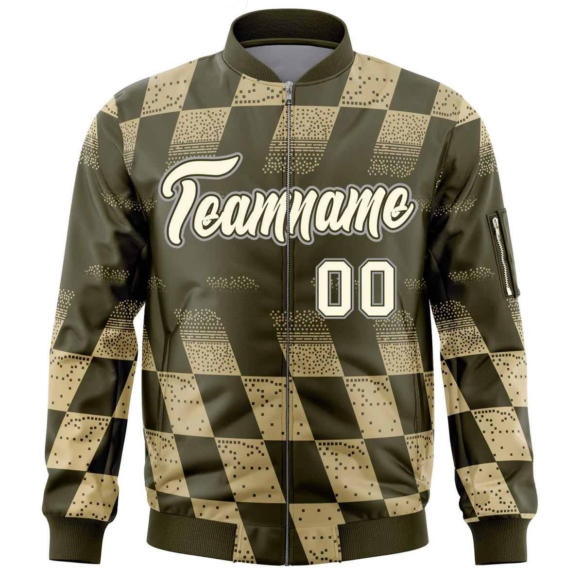 Custom Olive Khaki Grid Varsity Full-Zip Color Block Letterman Bomber Jacket
