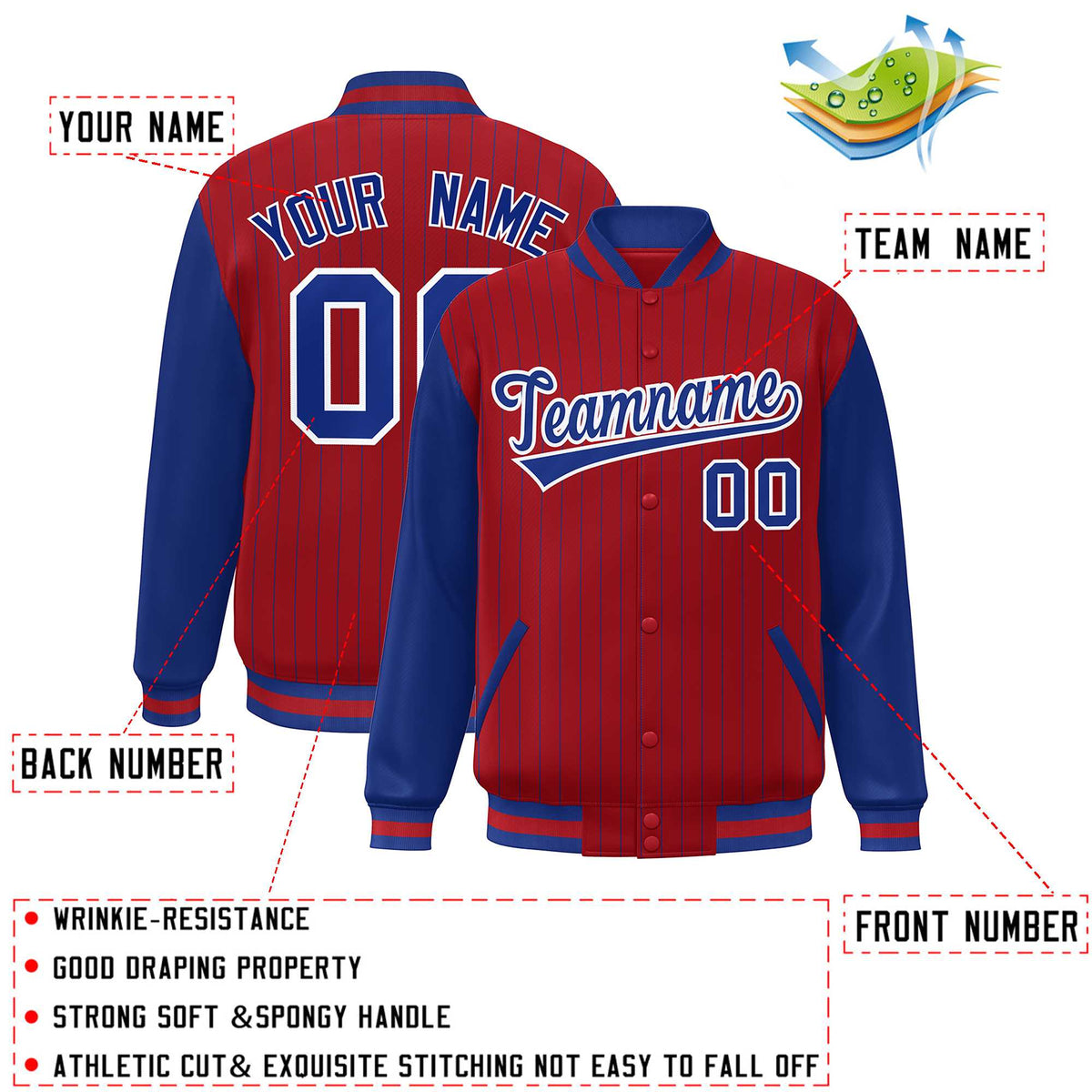 Custom Red Royal Stripe Fashion Bomber Varsity Jacket with Raglan Sleeves