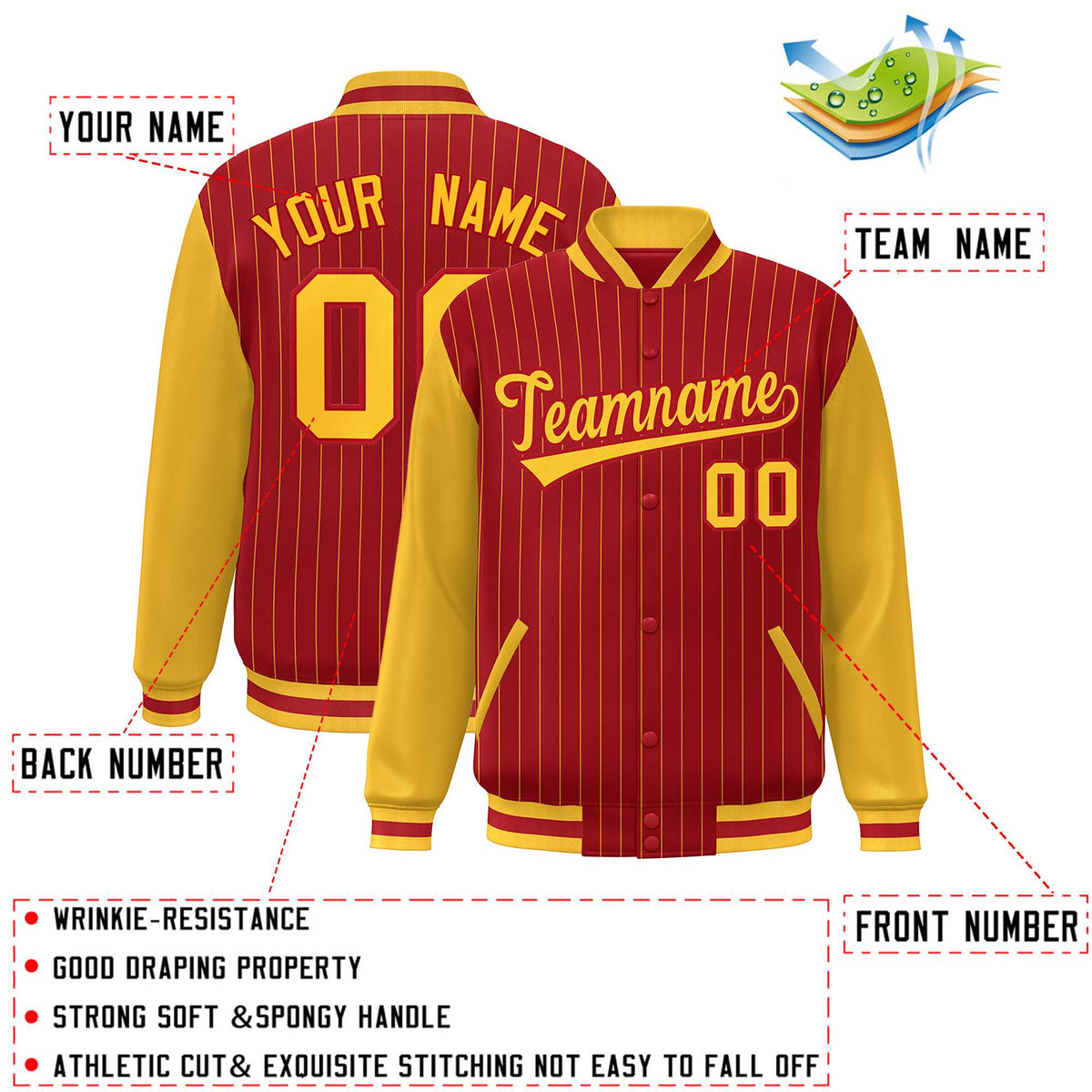 Custom Red Gold Stripe Fashion Bomber Varsity Jacket with Raglan Sleeves