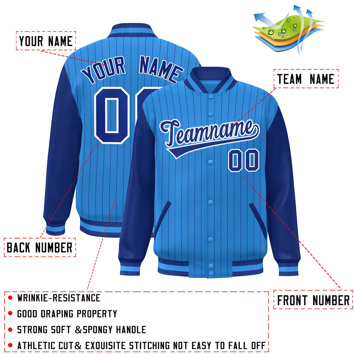 Custom Powder Blue Royal-White Stripe Fashion Bomber Varsity Jacket with Raglan Sleeves