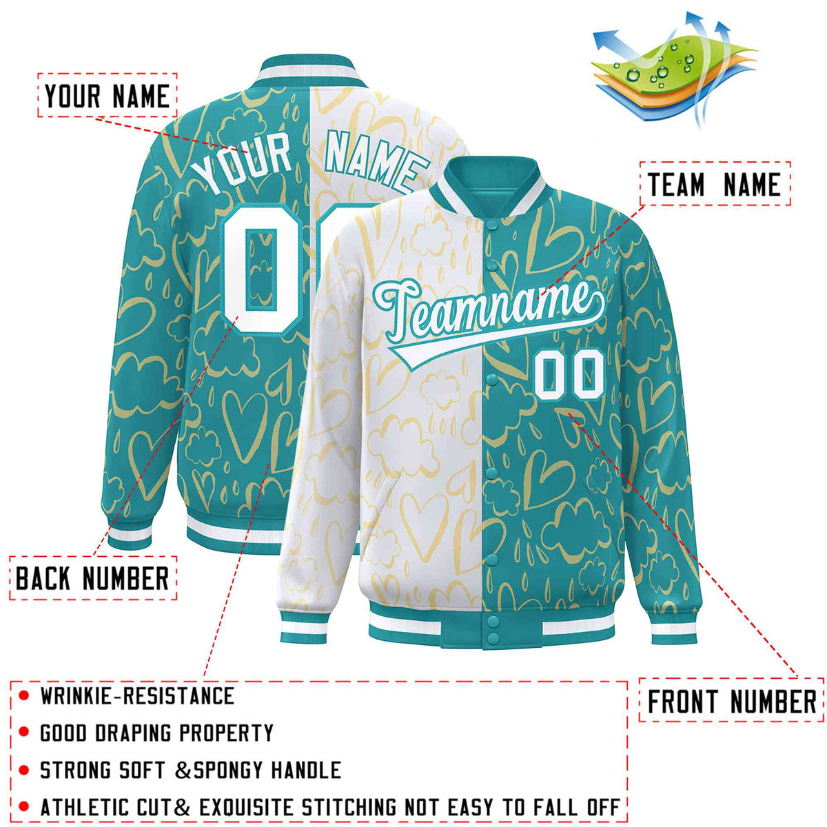Custom Aqua White Split Fashion Letterman Bomber Graffiti Pattern Baseball Jacket