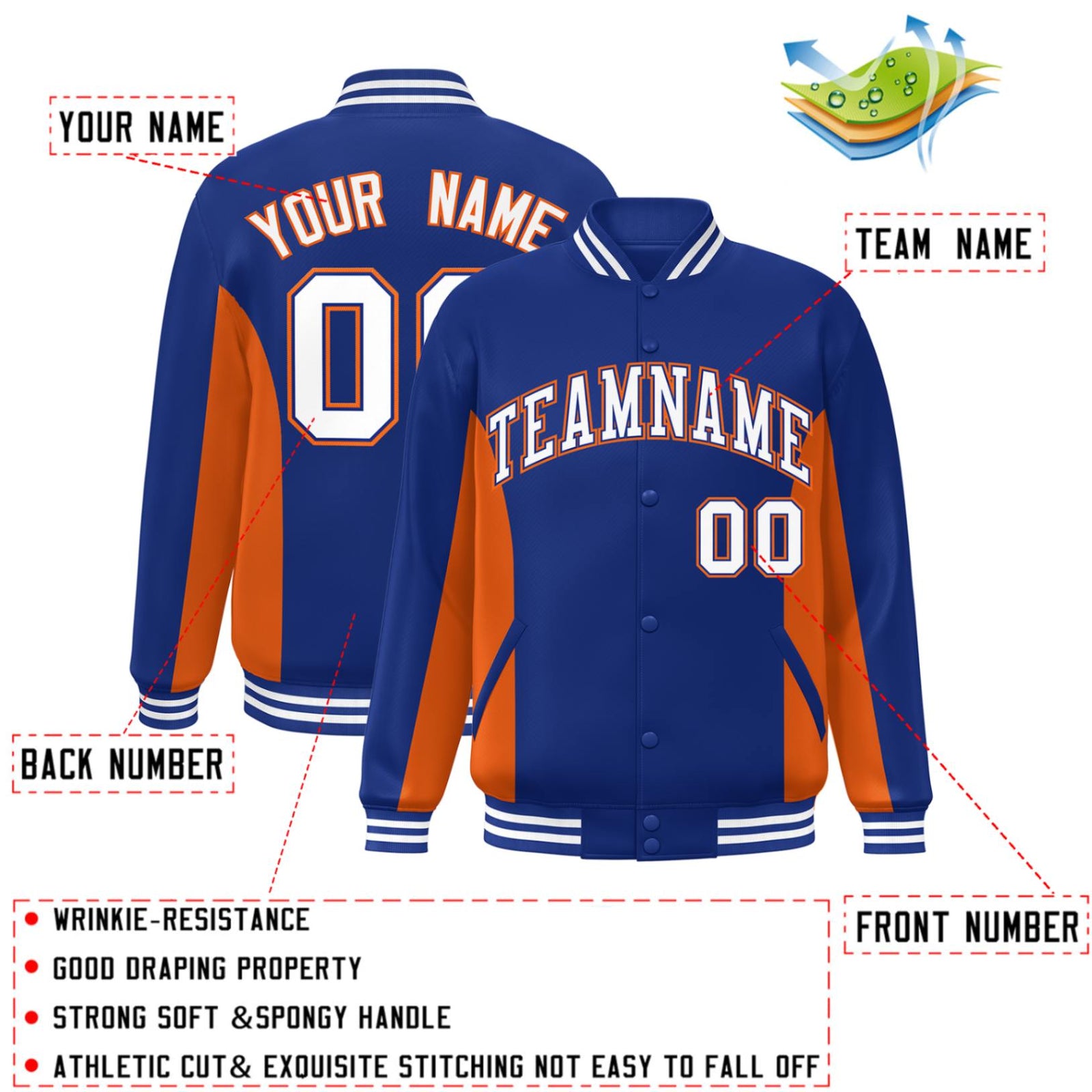 Custom Royal Orange-White Varsity Full-Snap Color Block Letterman Baseball Jacket