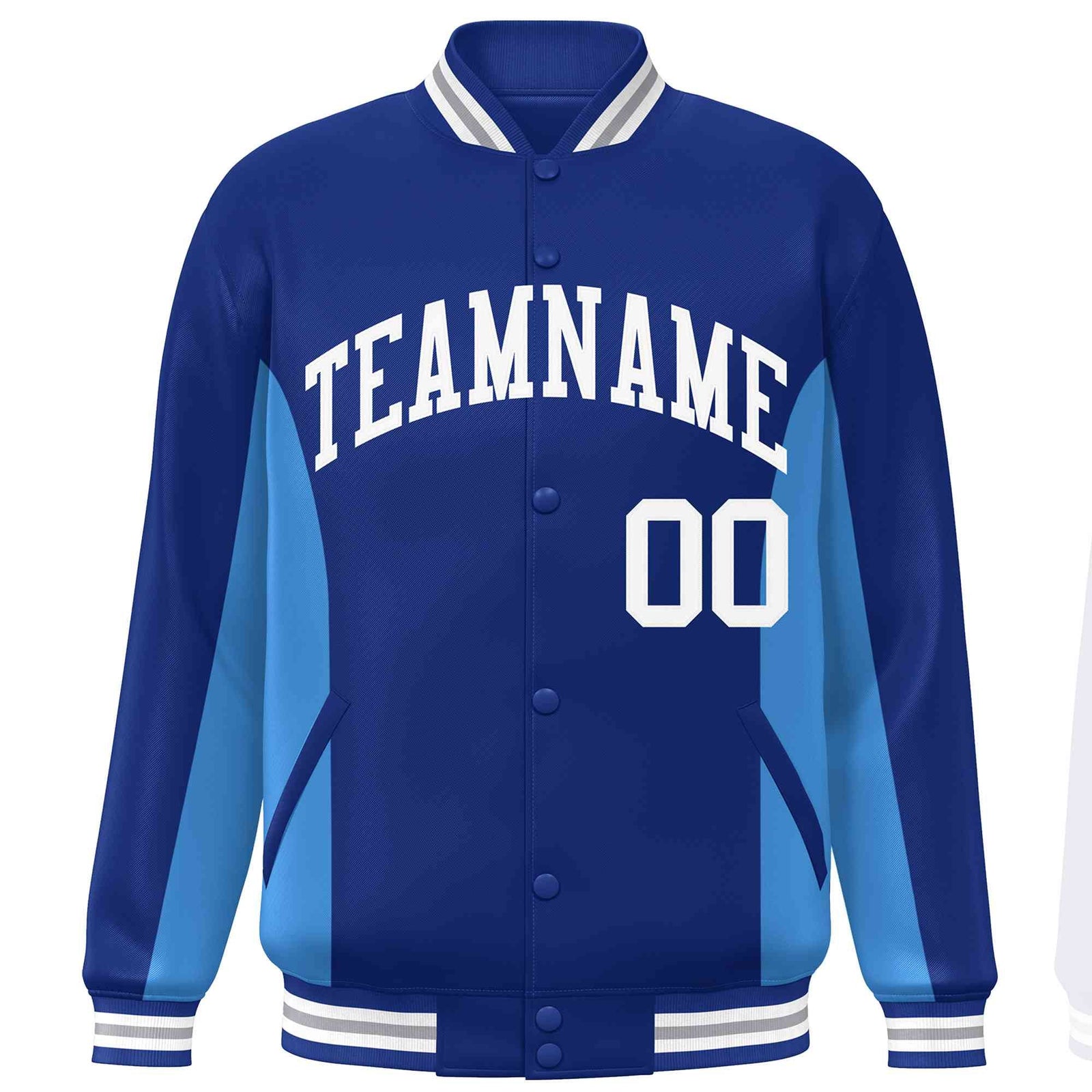 Custom Royal Powder Blue-White Varsity Full-Snap Color Block Letterman Baseball Jacket