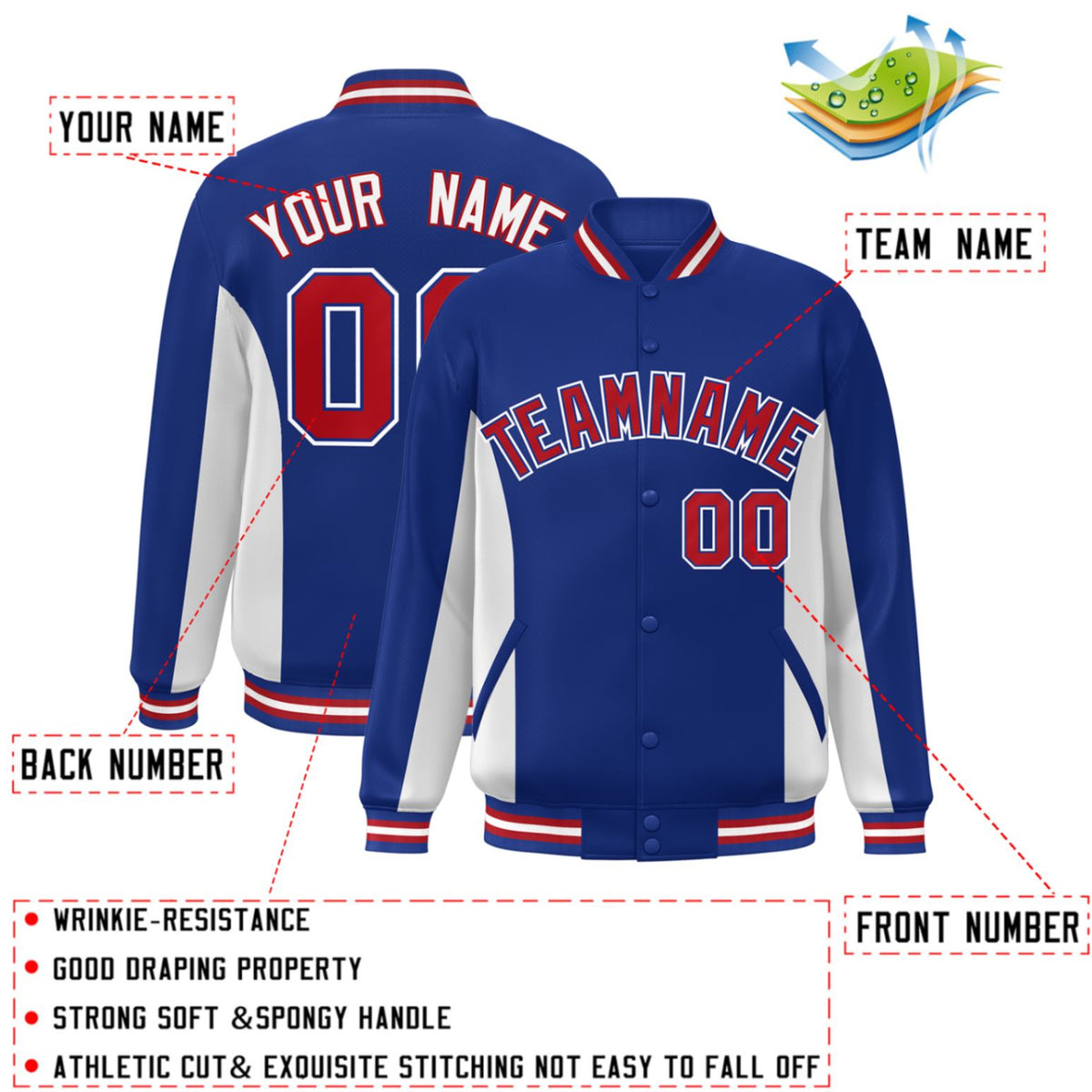 Custom Royal White-Red Varsity Full-Snap Color Block Letterman Baseball Jacket