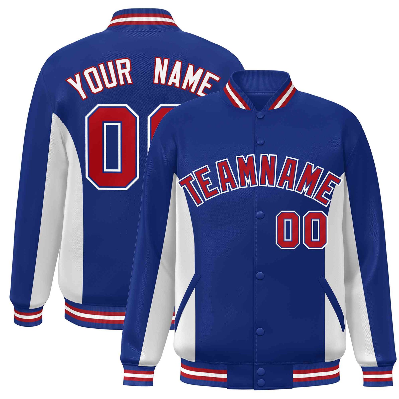 Custom Royal White-Red Varsity Full-Snap Color Block Letterman Baseball Jacket