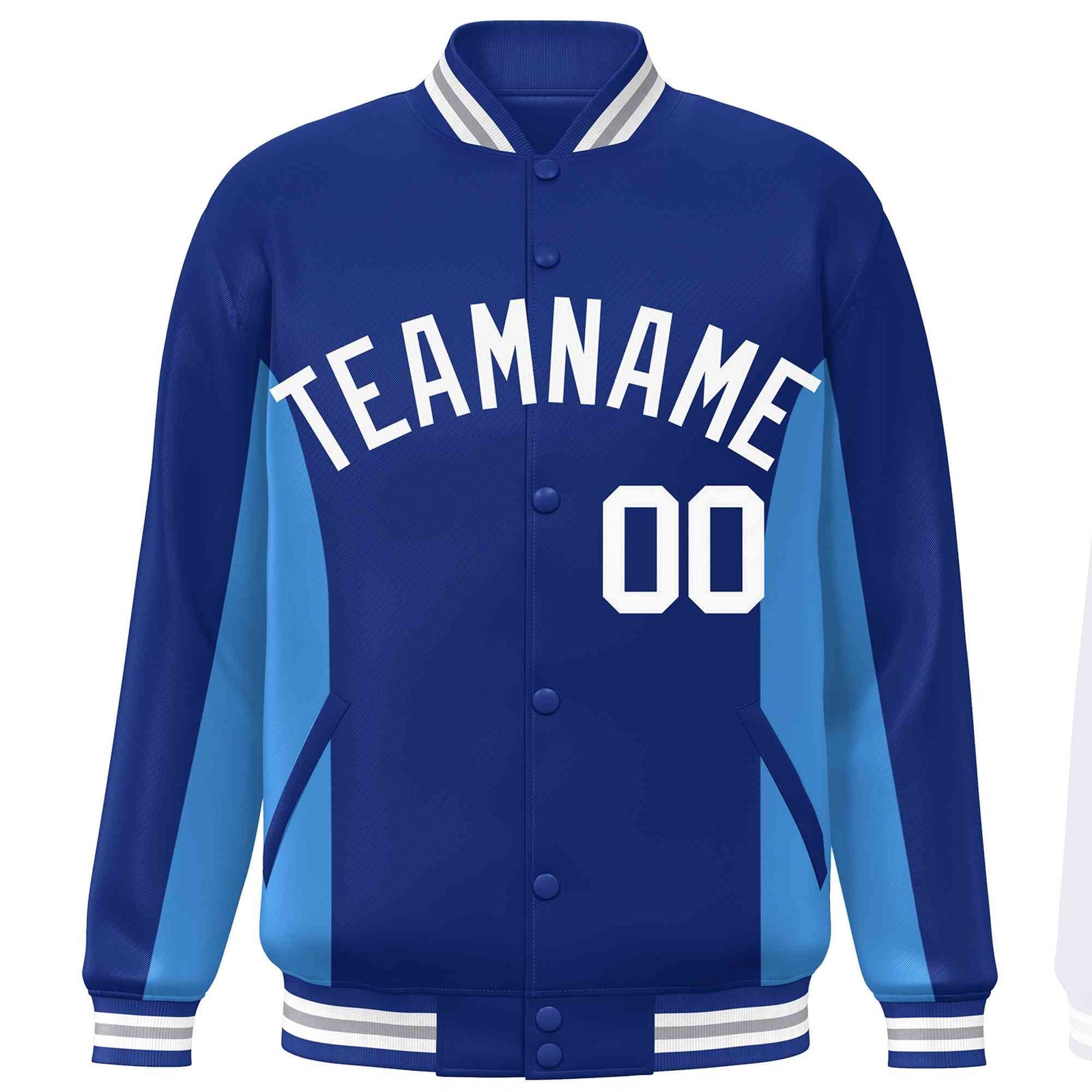 Custom Royal Powder Blue-White Varsity Full-Snap Color Block Letterman Baseball Jacket