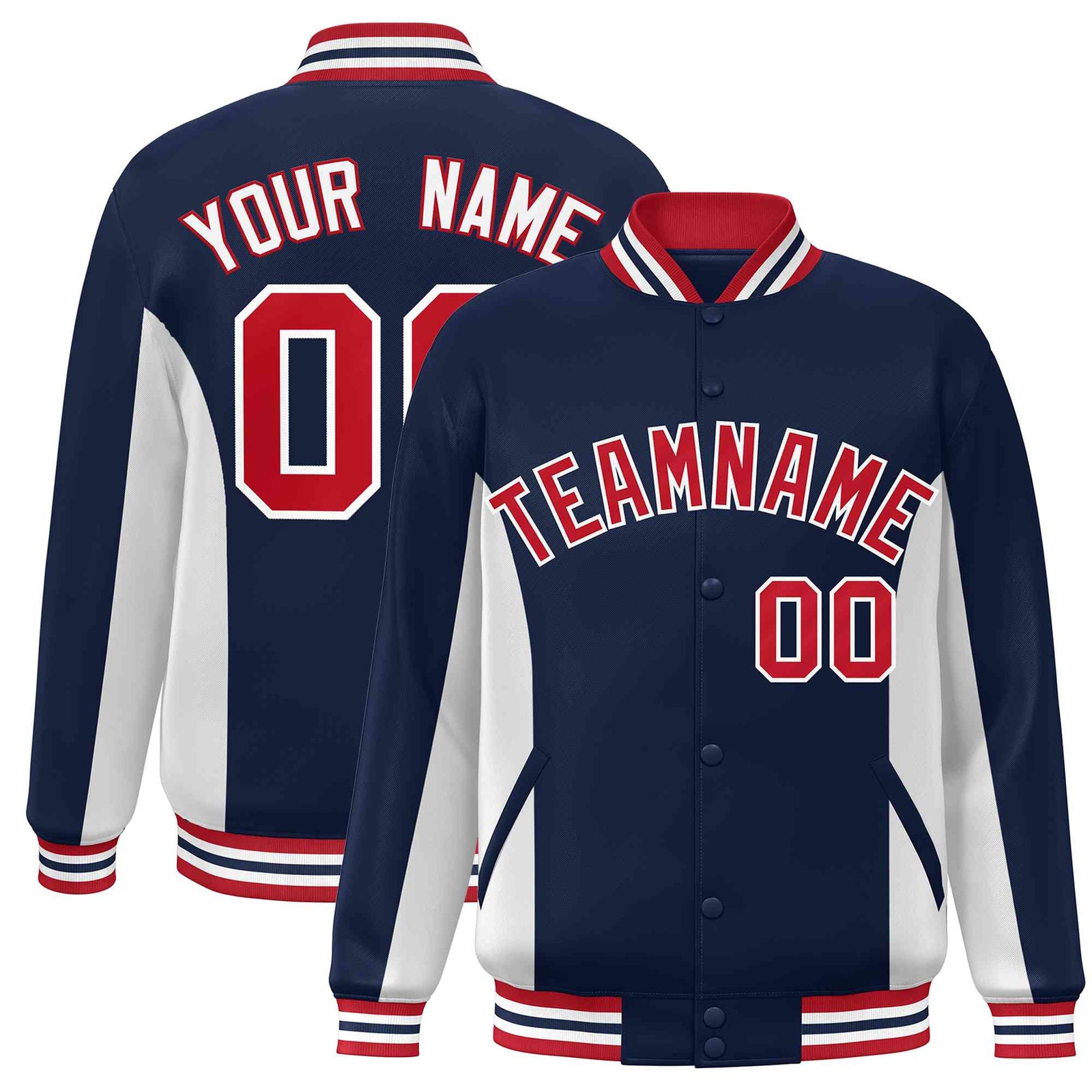 Custom Navy White-Red Varsity Full-Snap Color Block Letterman Baseball Jacket