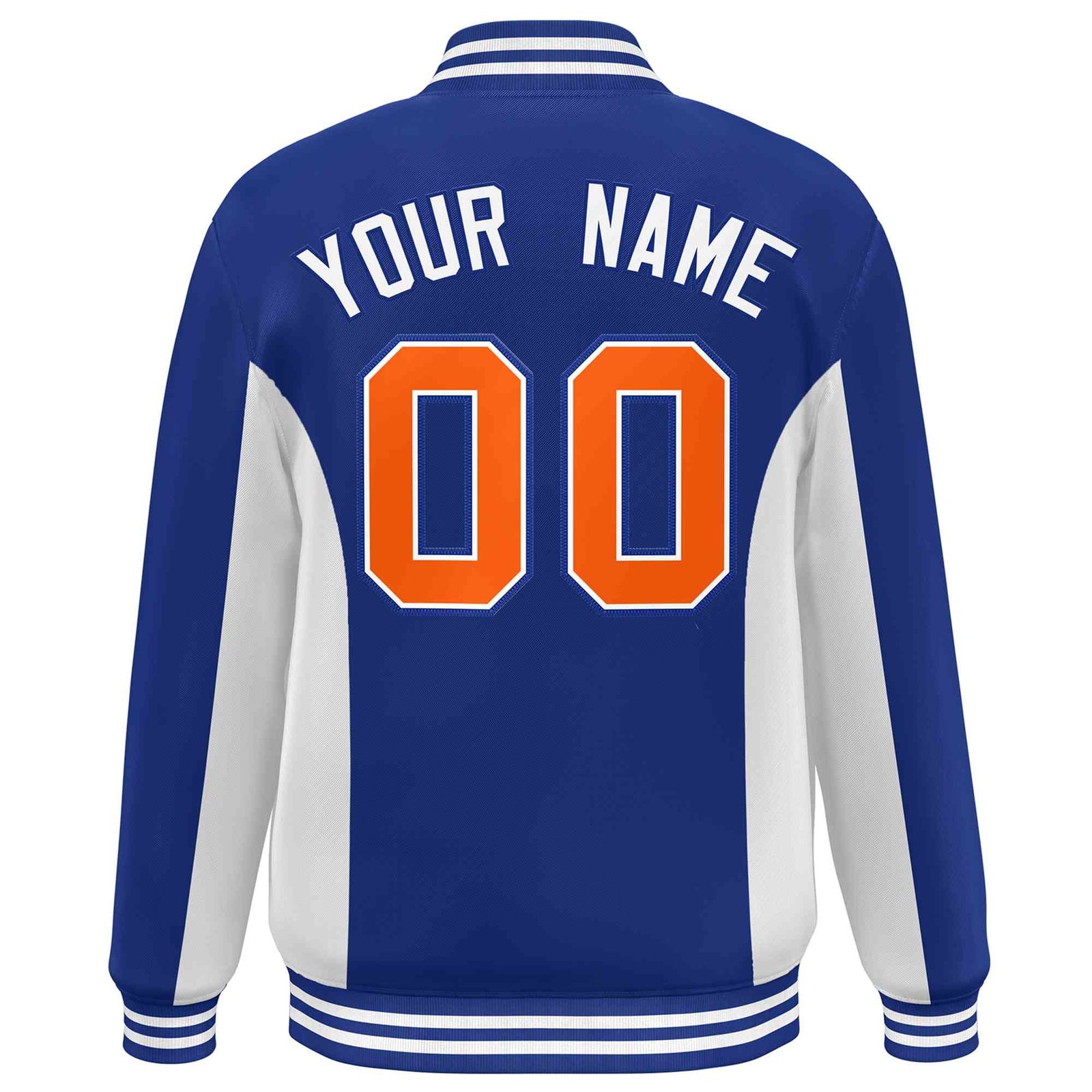 Custom Royal White-Orange Varsity Full-Snap Color Block Letterman Baseball Jacket