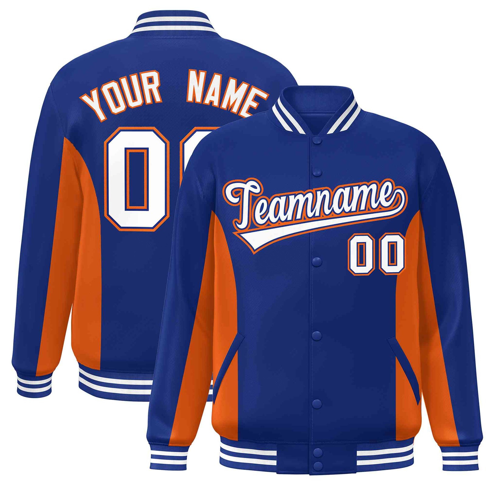 Custom Royal Orange-White Varsity Full-Snap Color Block Letterman Baseball Jacket