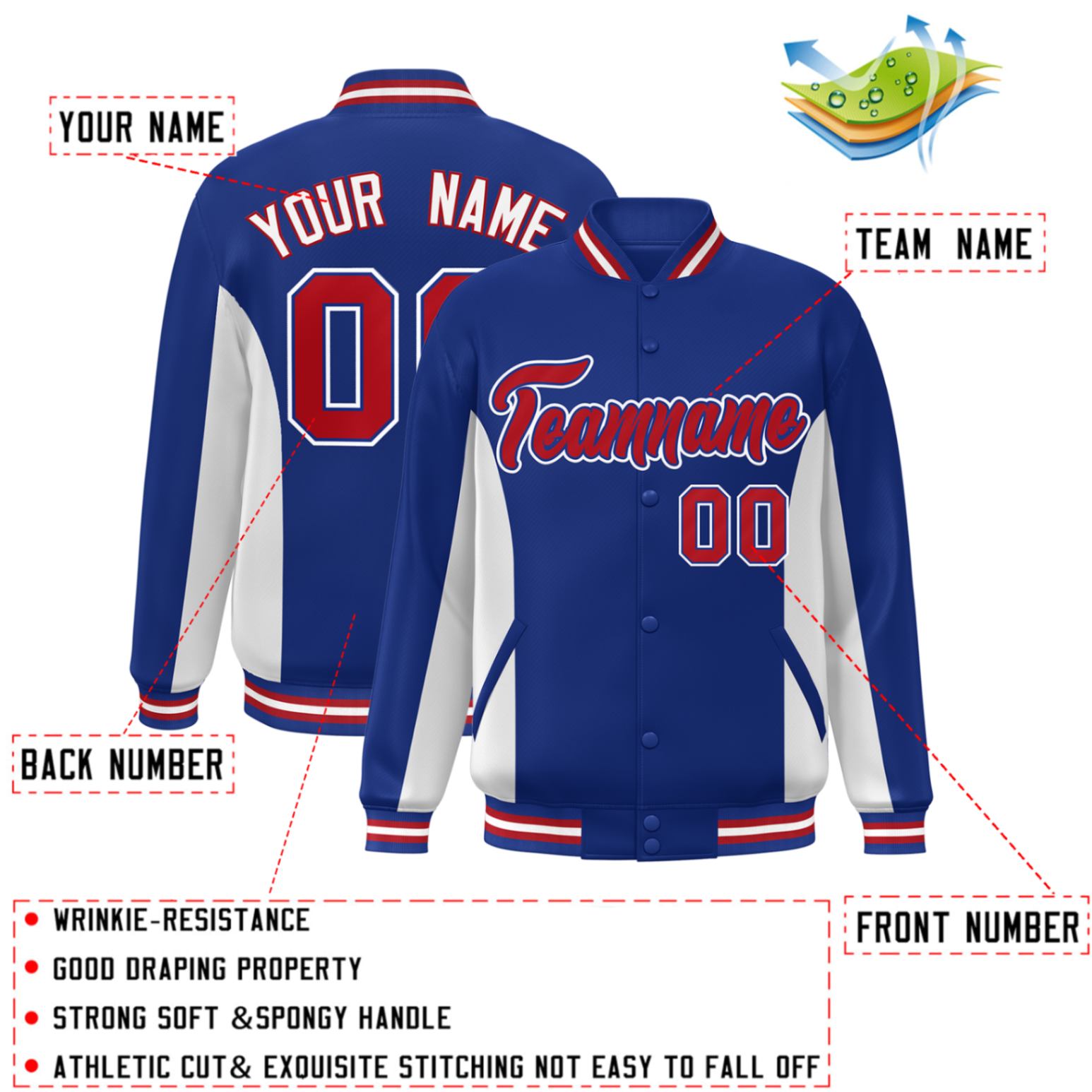 Custom Royal White-Red Varsity Full-Snap Color Block Letterman Baseball Jacket