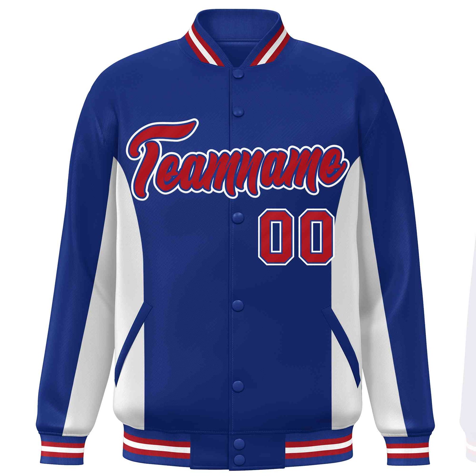 Custom Royal White-Red Varsity Full-Snap Color Block Letterman Baseball Jacket