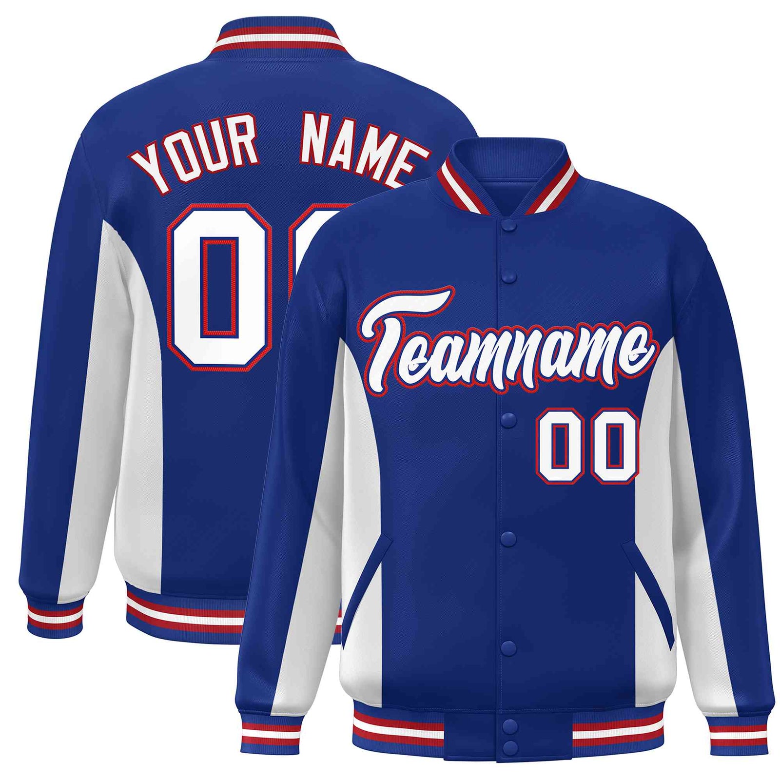 Custom Royal White Varsity Full-Snap Color Block Letterman Baseball Jacket