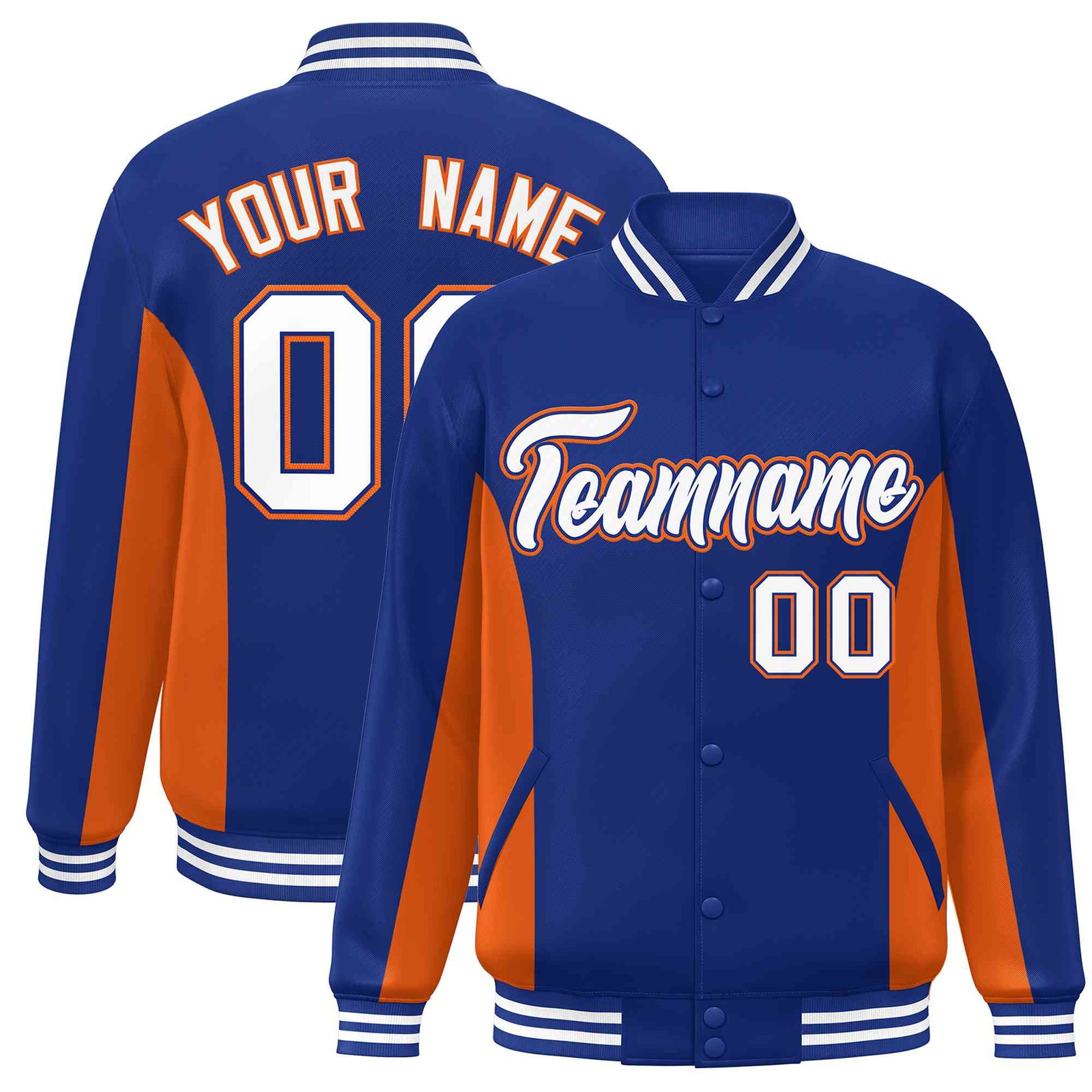 Custom Royal Orange-White Varsity Full-Snap Color Block Letterman Baseball Jacket
