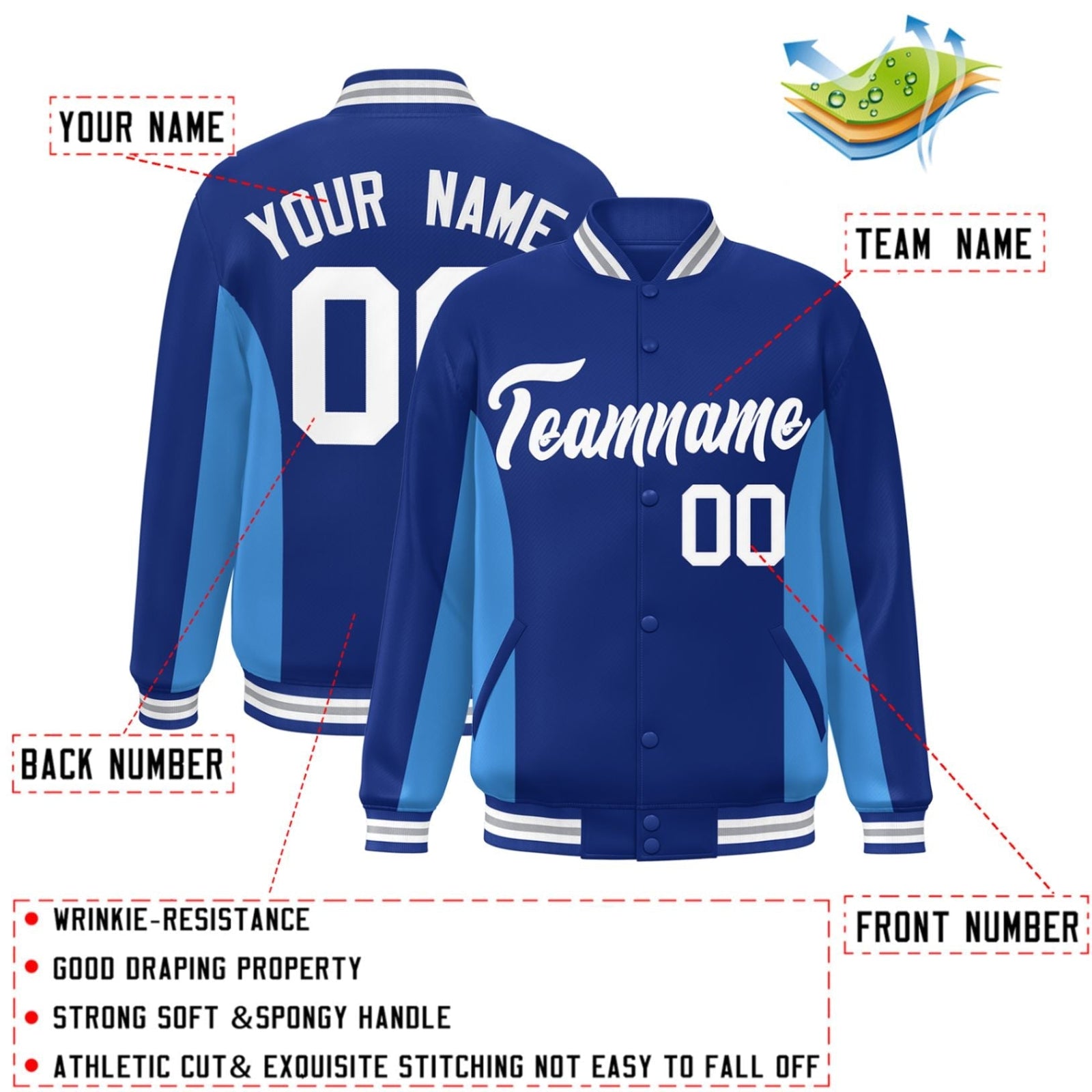 Custom Royal Powder Blue-White Varsity Full-Snap Color Block Letterman Baseball Jacket