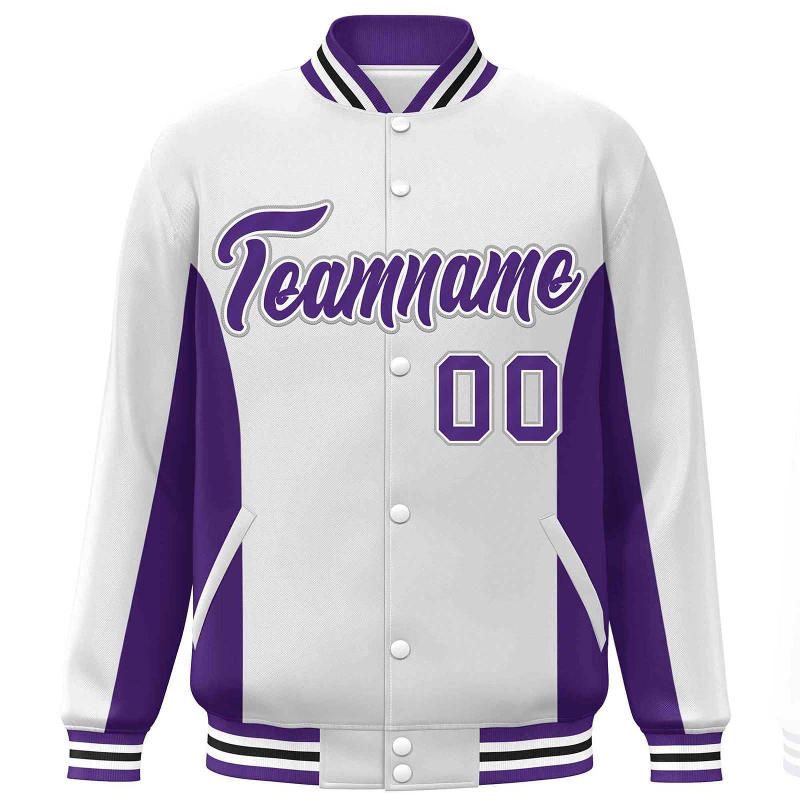 Custom White Purple Varsity Full-Snap Color Block Letterman Baseball Jacket