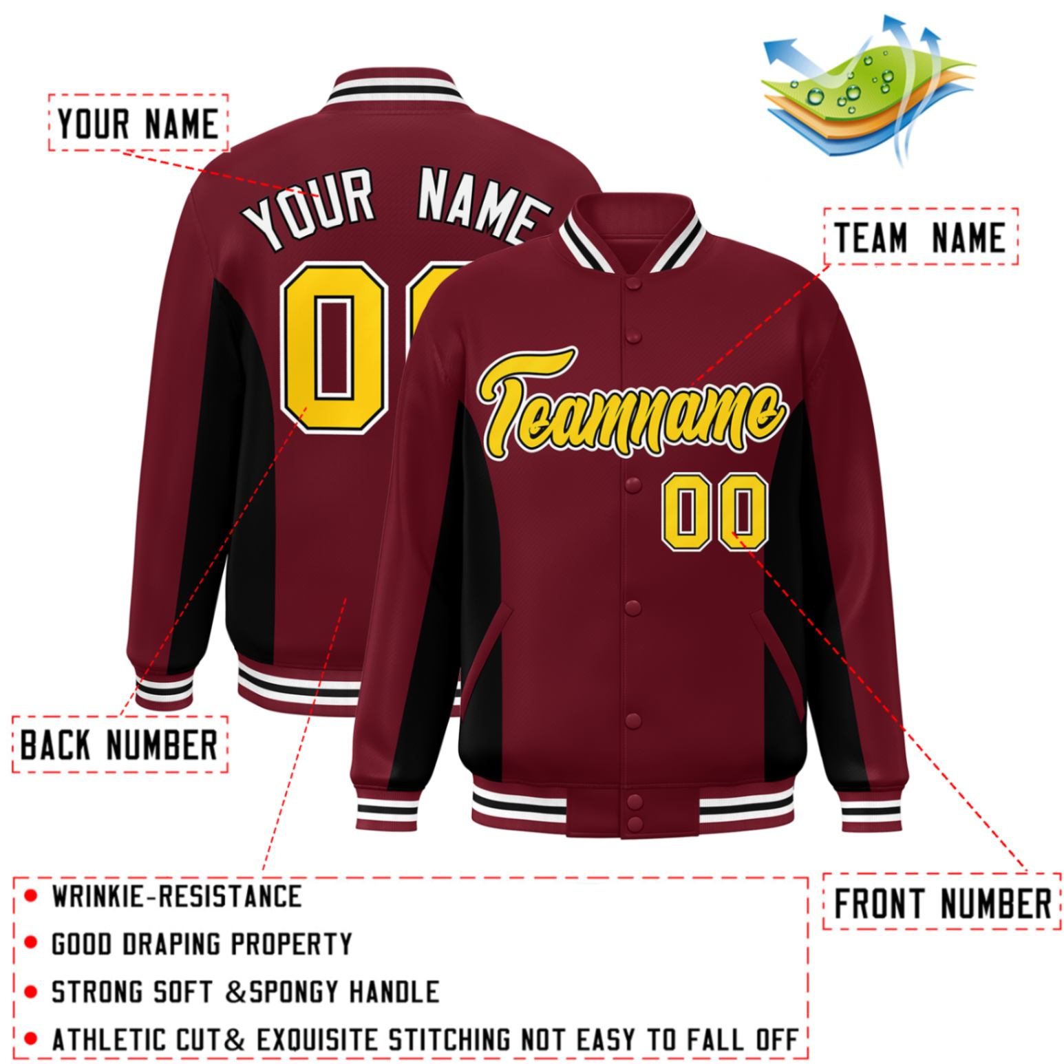 Custom Crimson Black-Gold Varsity Full-Snap Color Block Letterman Baseball Jacket