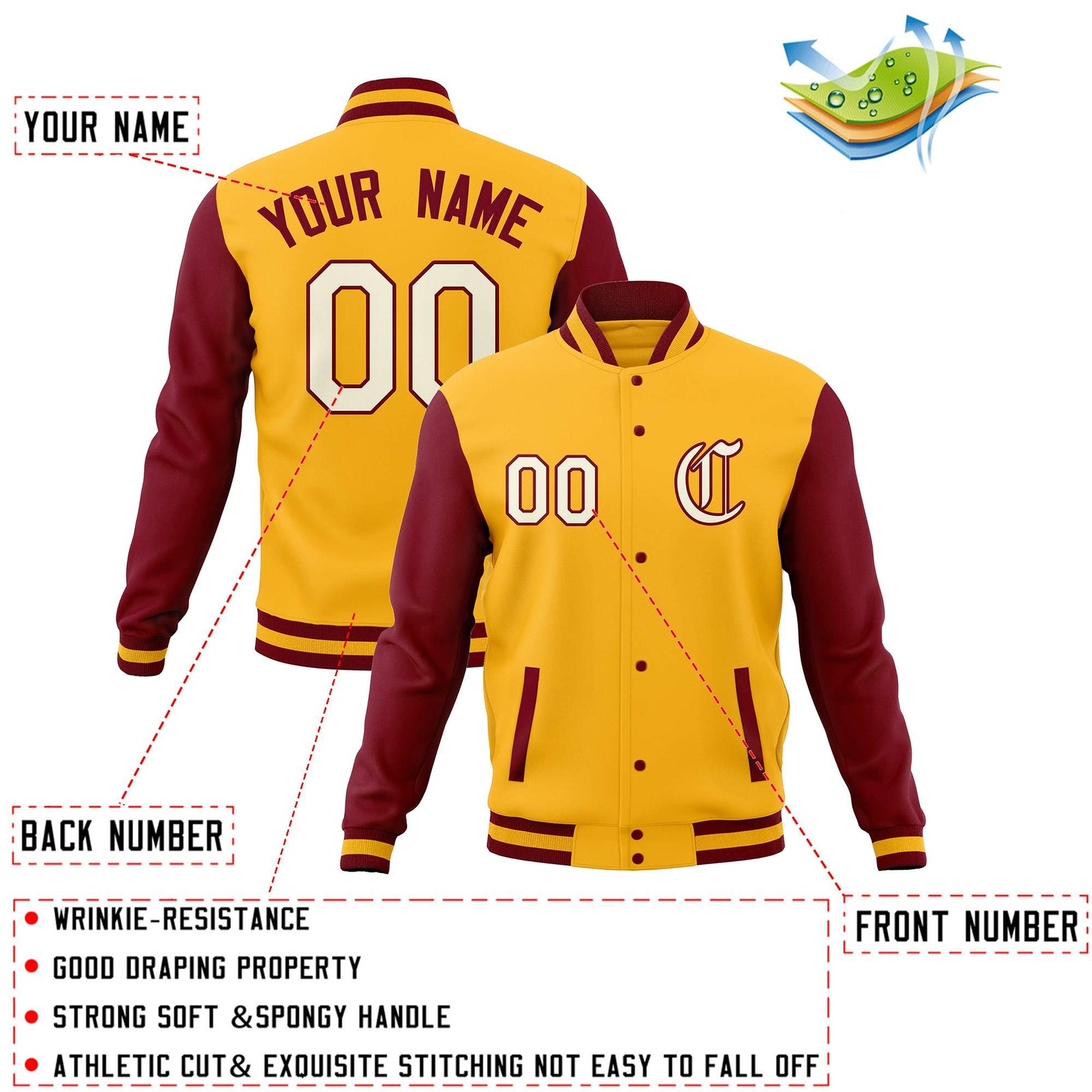 Custom Varsity Letterman Baseball Jackets Personalized Full-Snap Stitched Coats for Adults