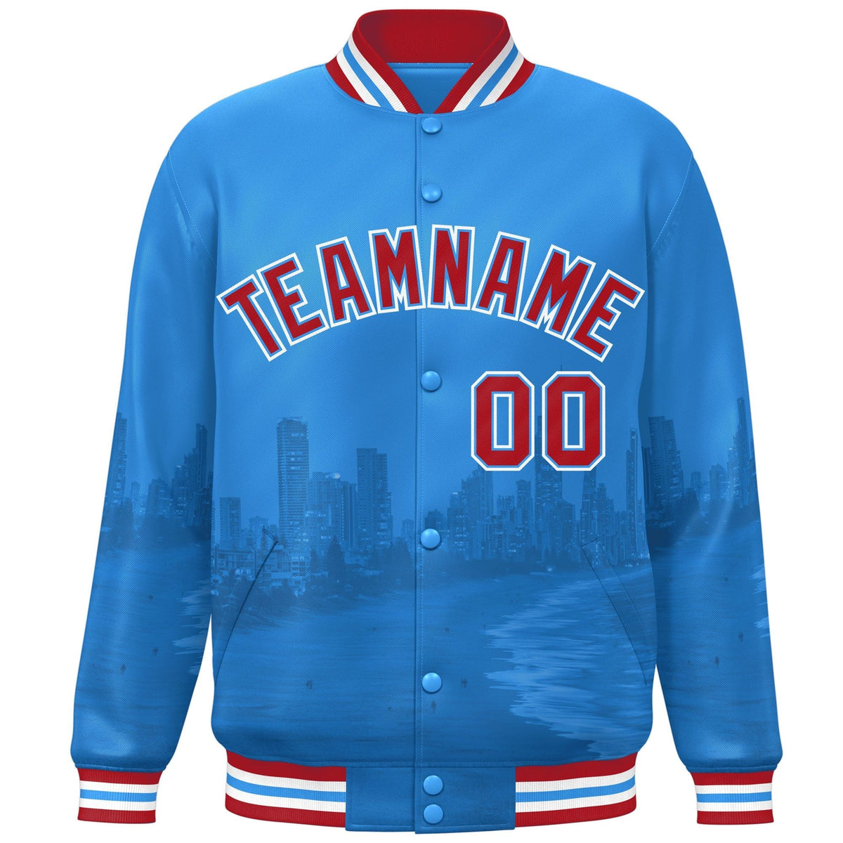 Custom Powder Blue Red-White Miami City Connect Track Varsity Full-Snap Jacket