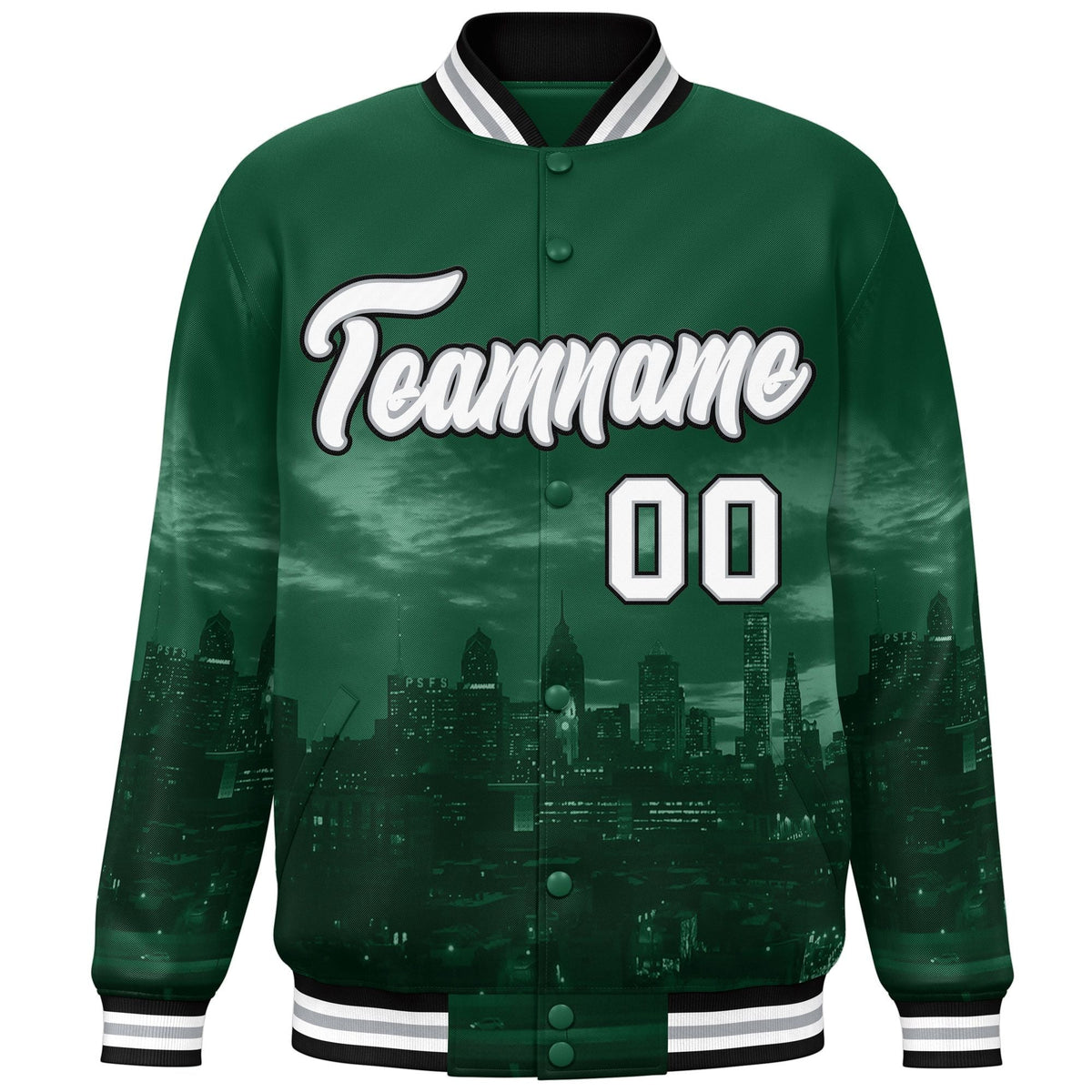 Custom Green White-Black Philadelphia City Connect Track Varsity Full-Snap Jacket