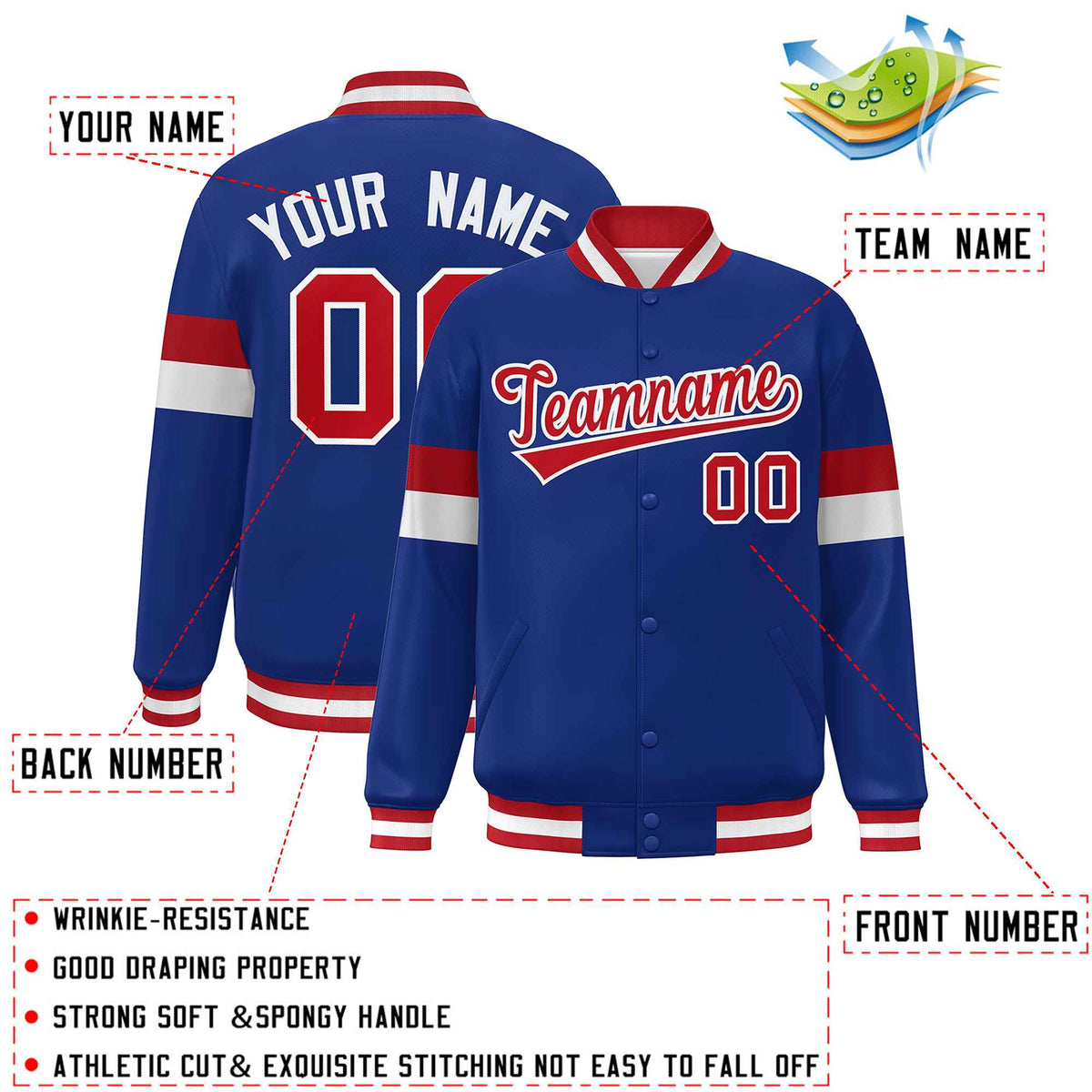 Custom Royal Red-White Color Block Bomber Varsity Full-Snap Baseball Jacket