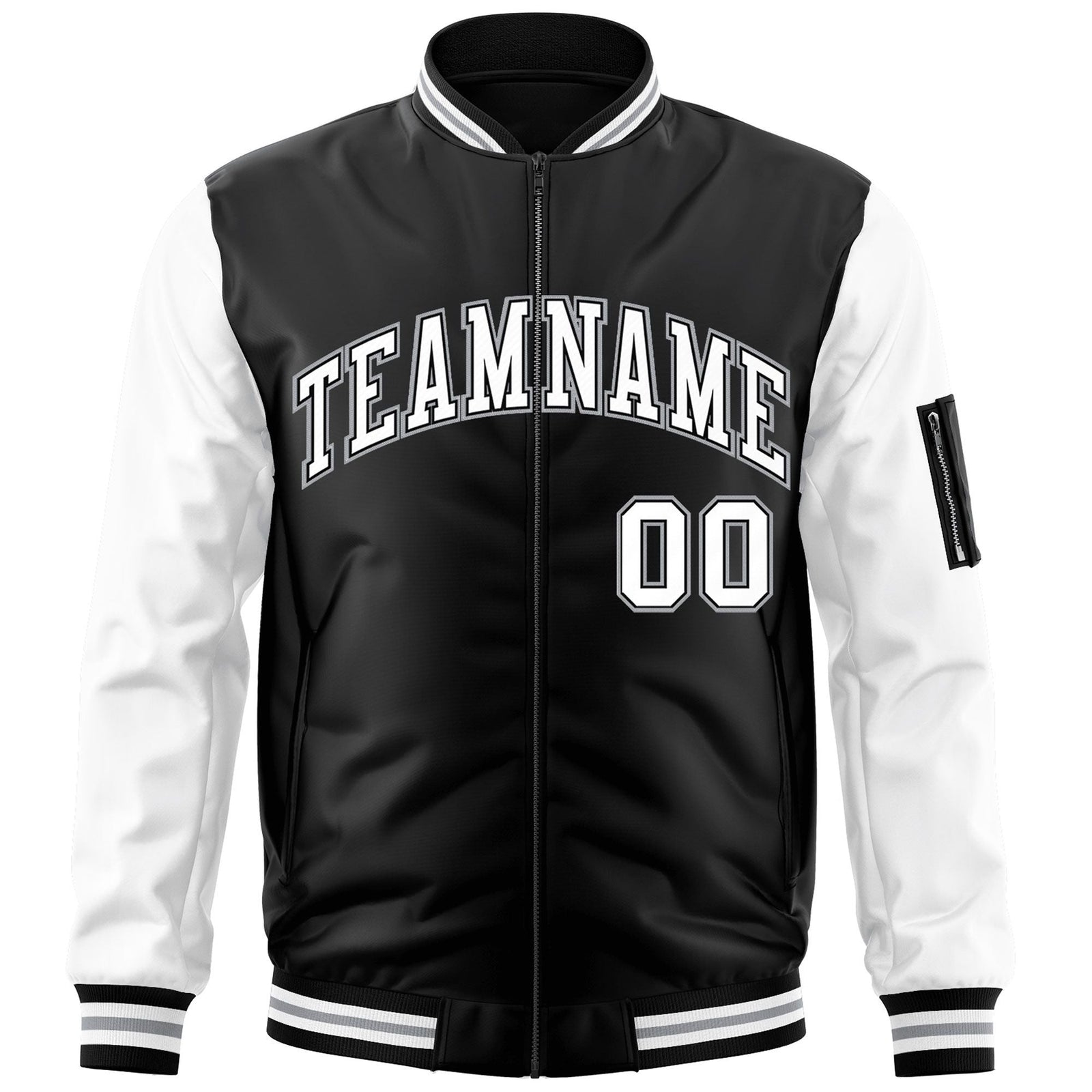 Custom Black White-Gray Varsity Full-Zip Raglan Sleeves Letterman Bomber Jacket