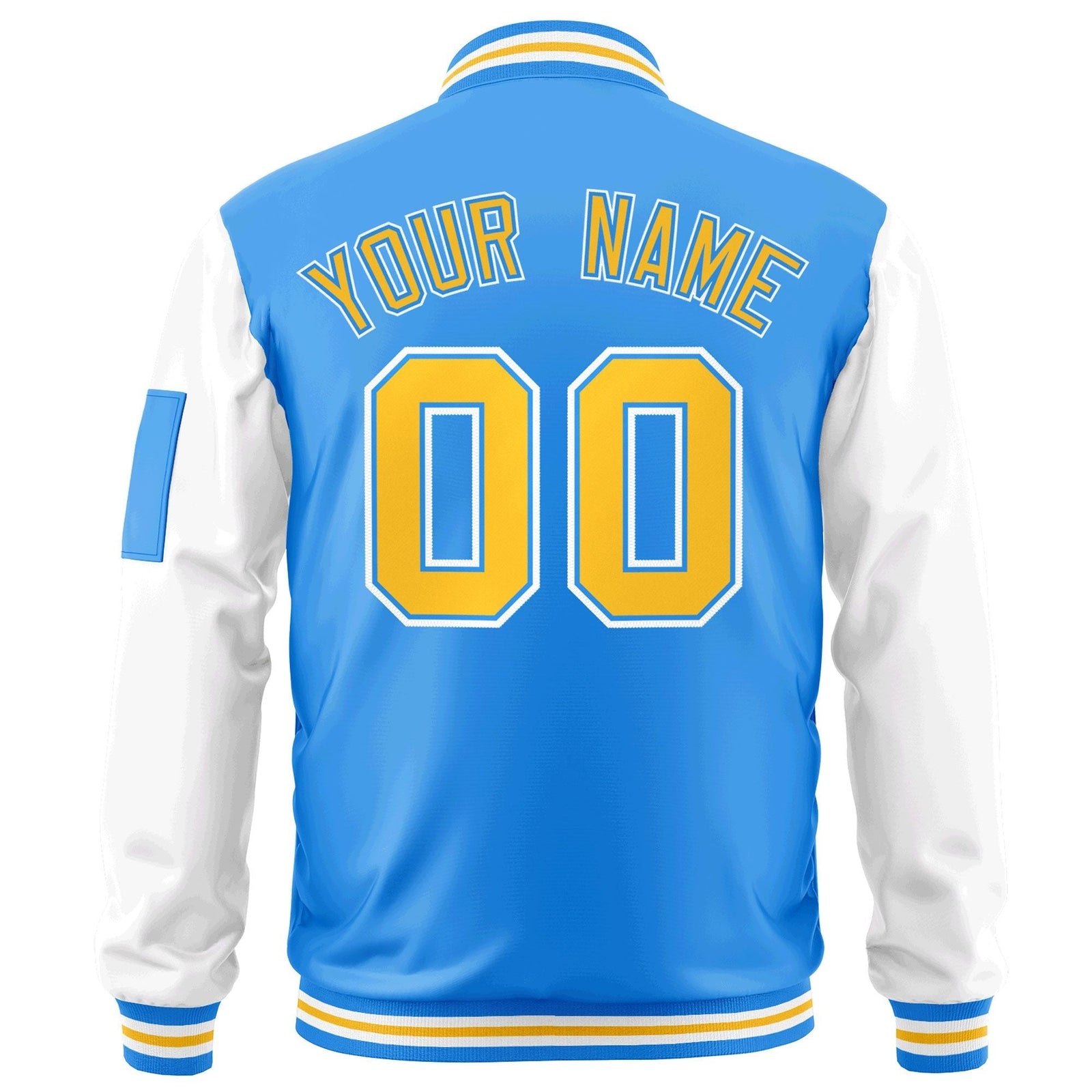 Custom Powder Blue White-Gold Varsity Full-Zip Raglan Sleeves Letterman Bomber Jacket