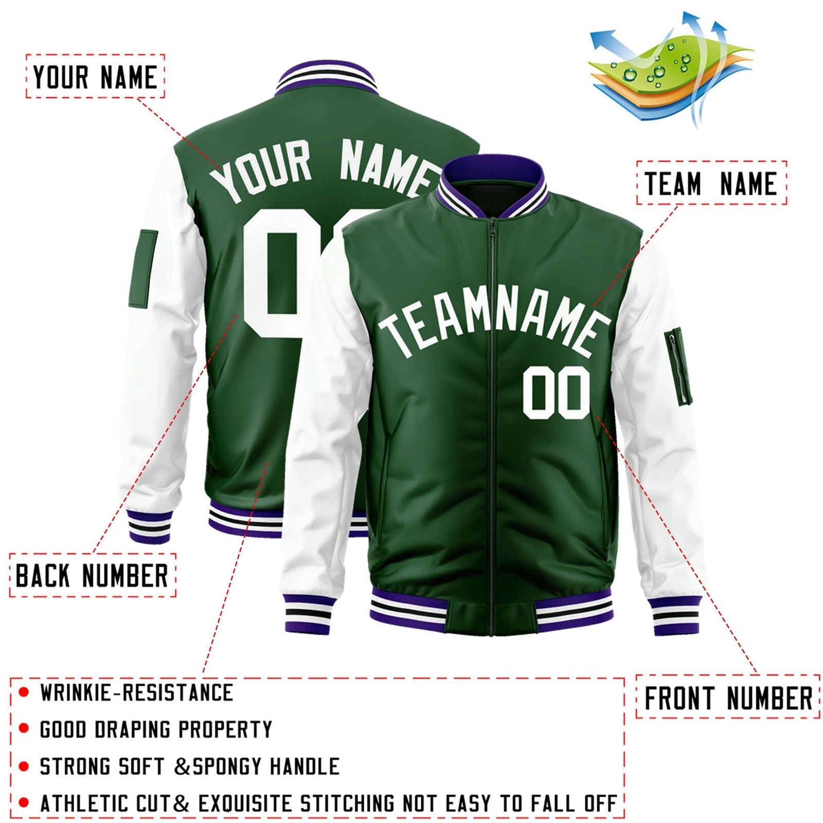 Custom Green-White Varsity Full-Zip Raglan Sleeves Letterman Bomber Jacket