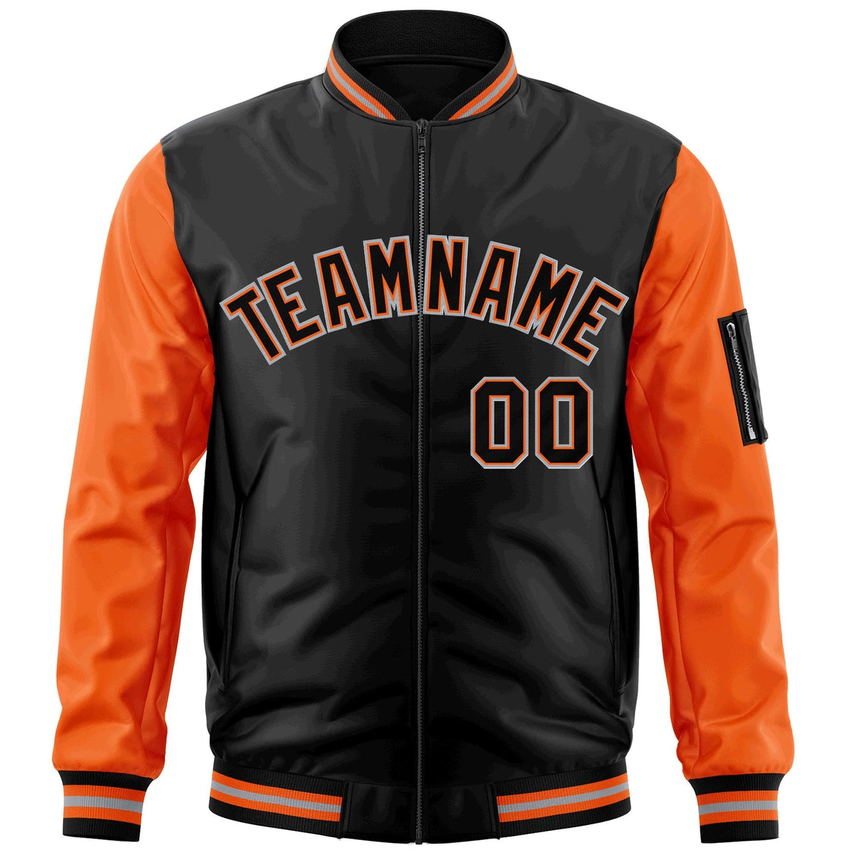 Custom Black Orange-Gray Varsity Full-Zip Raglan Sleeves Letterman Bomber Jacket