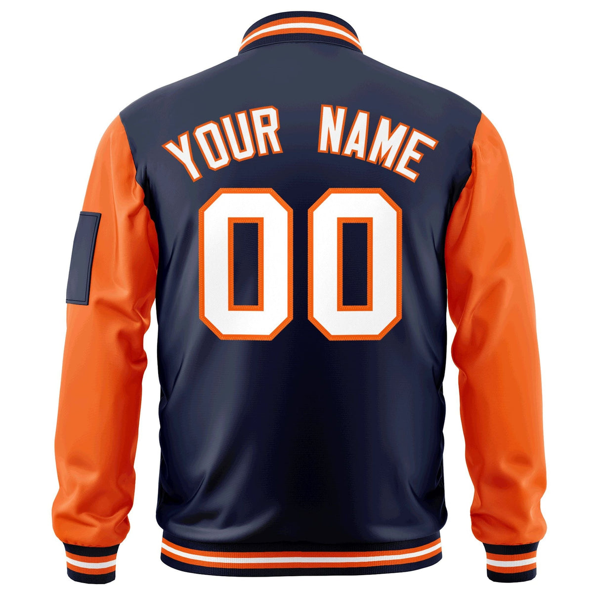 Custom Navy Orange-White Varsity Full-Zip Raglan Sleeves Letterman Bomber Jacket