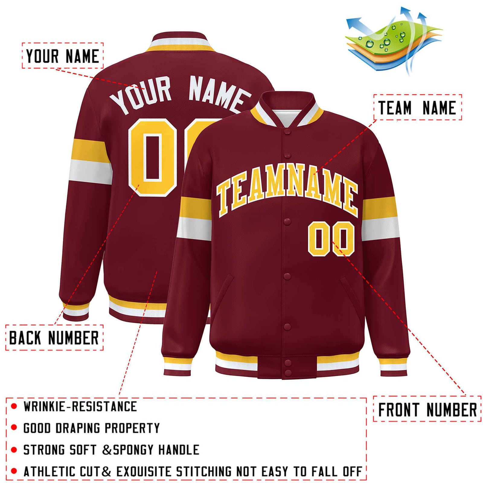 Custom Crimson Gold-White Color Block Bomber Varsity Full-Snap Baseball Jacket