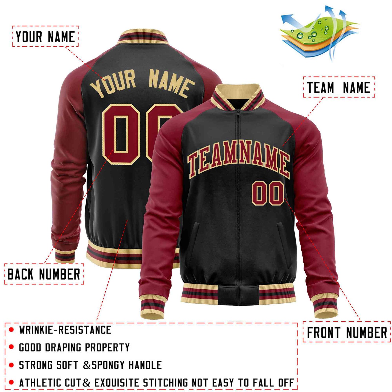Custom Black Crimson Varsity Full-Zip Raglan Sleeves Letterman Baseball Jacket