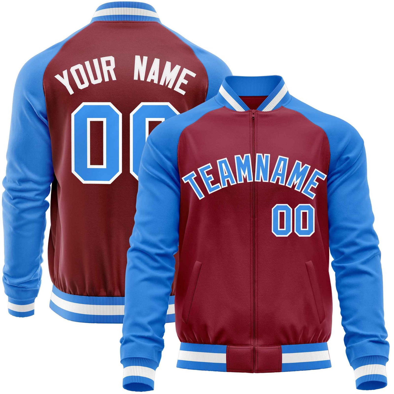 Custom Crimson Powder Blue Varsity Full-Zip Raglan Sleeves Letterman Baseball Jacket