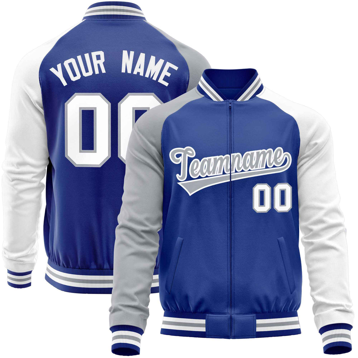 Custom Royal White-Gray Varsity Full-Zip Raglan Sleeves Letterman Baseball Jacket