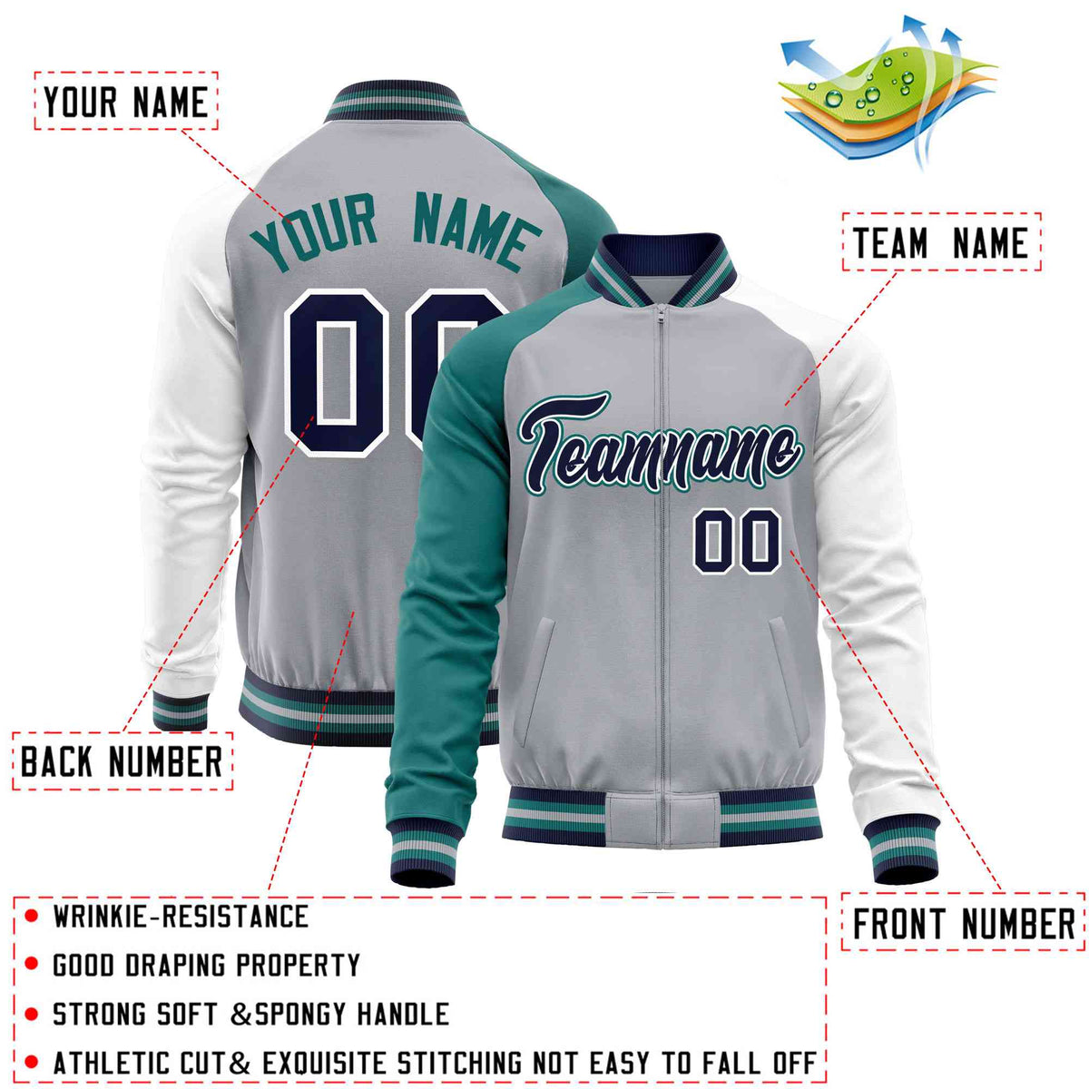 Custom Gray White-Aqua Varsity Full-Zip Raglan Sleeves Letterman Baseball Jacket