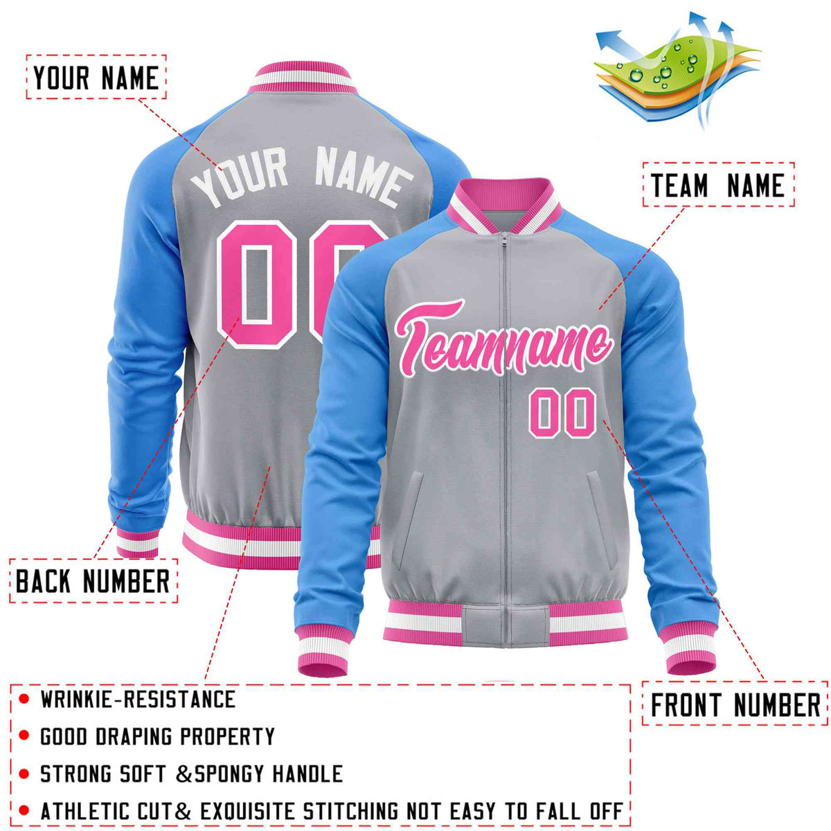 Custom Gray Powder Blue Varsity Full-Zip Raglan Sleeves Letterman Baseball Jacket