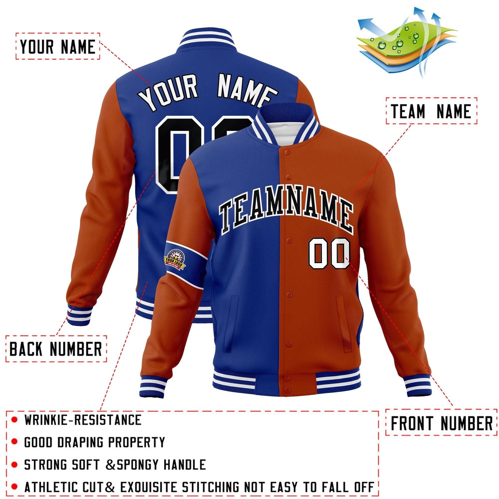 Custom Royal Orange-Black Letterman Two Tone Full-Snap Split Fashion Jacket